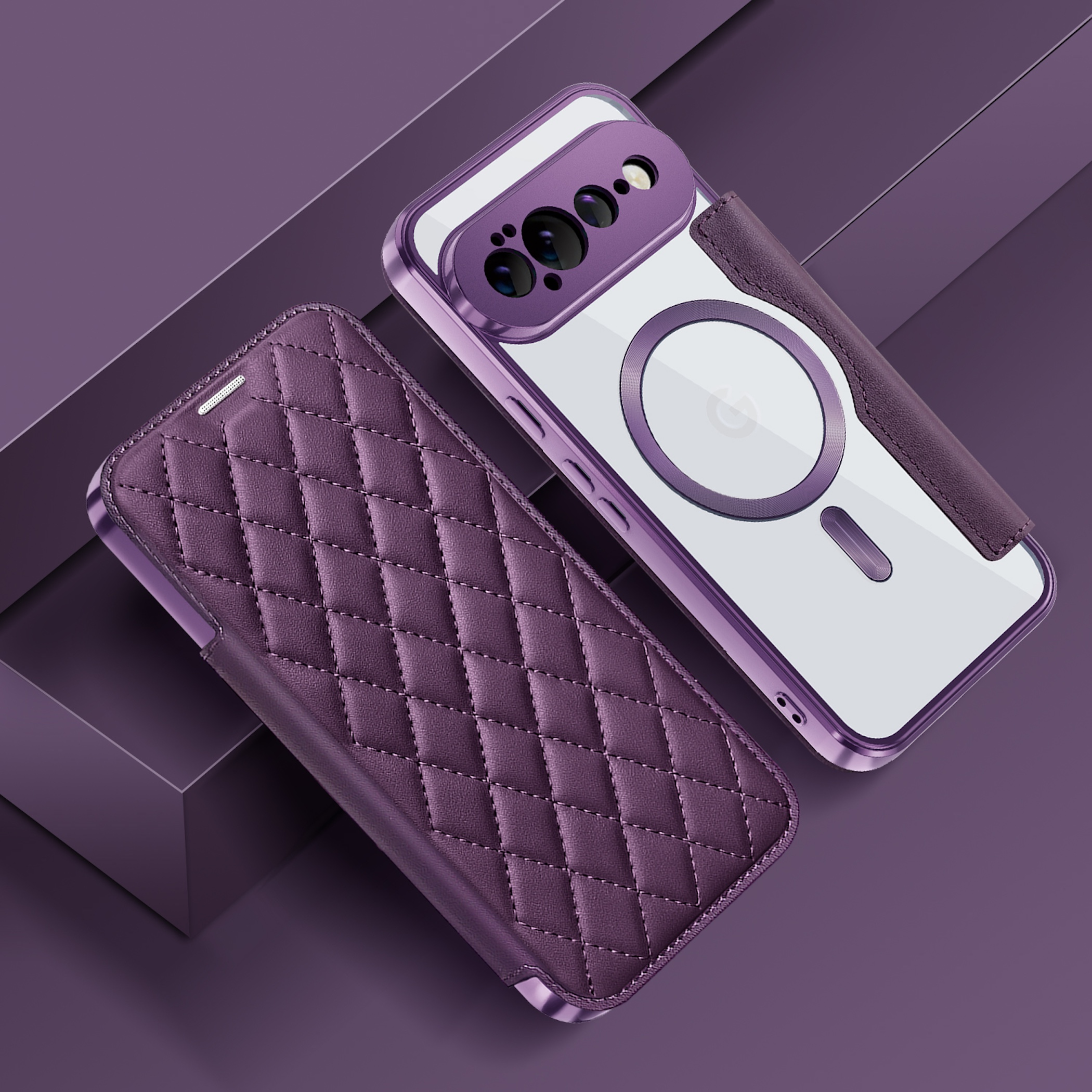 Lila Handyhüllen auf violettem Hintergrund, eine mit Steppleder-Klappe und eine transparente mit MagSafe.