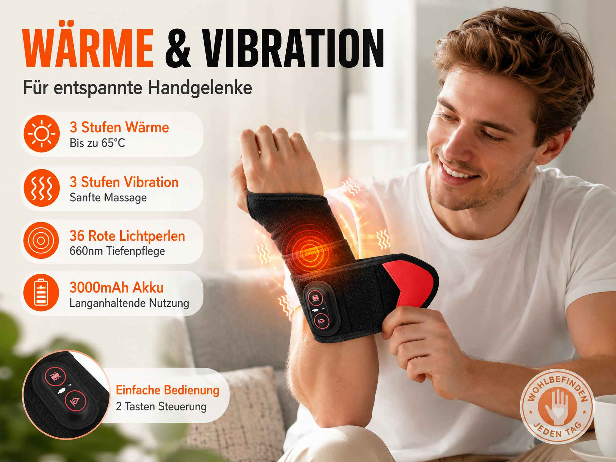 Ein Mann trägt eine schwarze Handgelenkbandage mit roten Akzenten und Wärmefunktion.