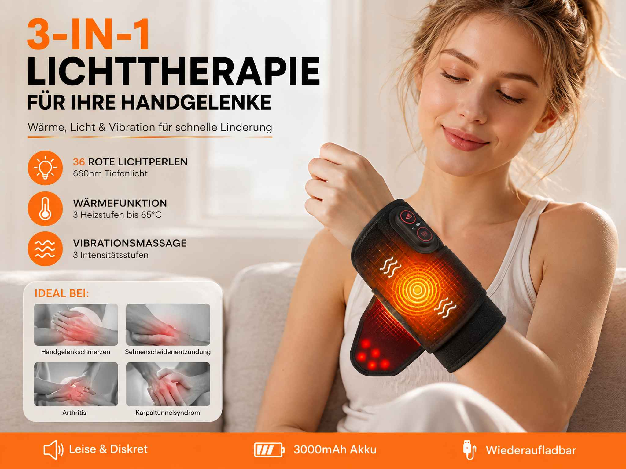 Eine Frau trägt eine 3-in-1-Handgelenkbandage mit Rotlicht, Wärme und Vibration für Schmerzlinderung.