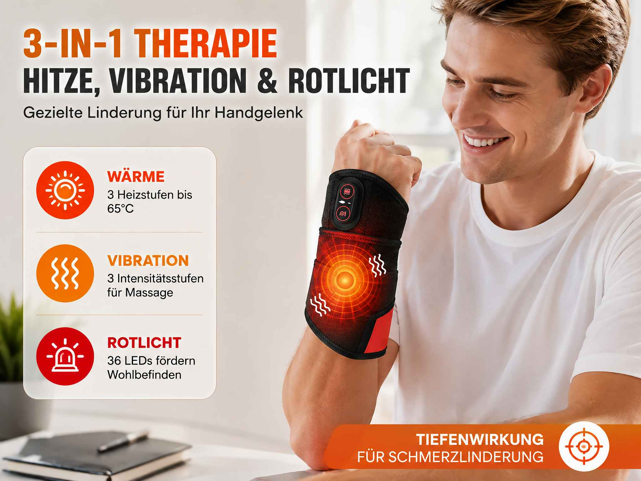 Ein Mann trägt eine rote und schwarze Therapiebandage am Handgelenk mit Hitze, Vibration und Rotlicht.