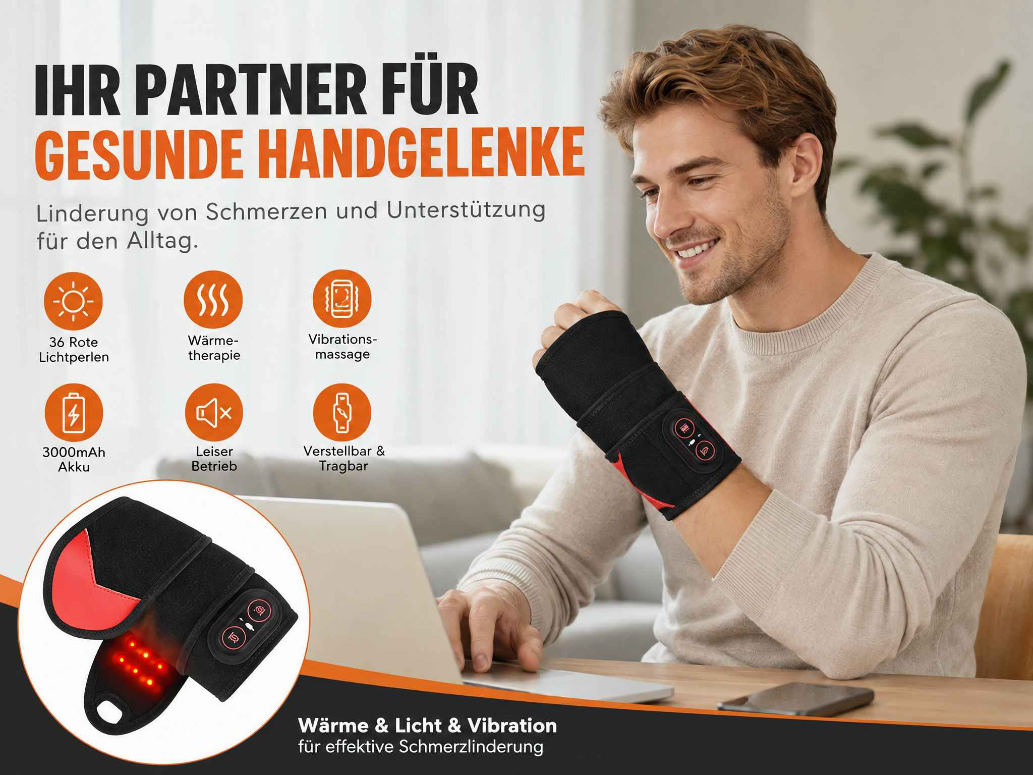 Ein Mann arbeitet an einem Laptop und trägt eine schwarze Handgelenkbandage mit roten Akzenten und Bedienelementen.