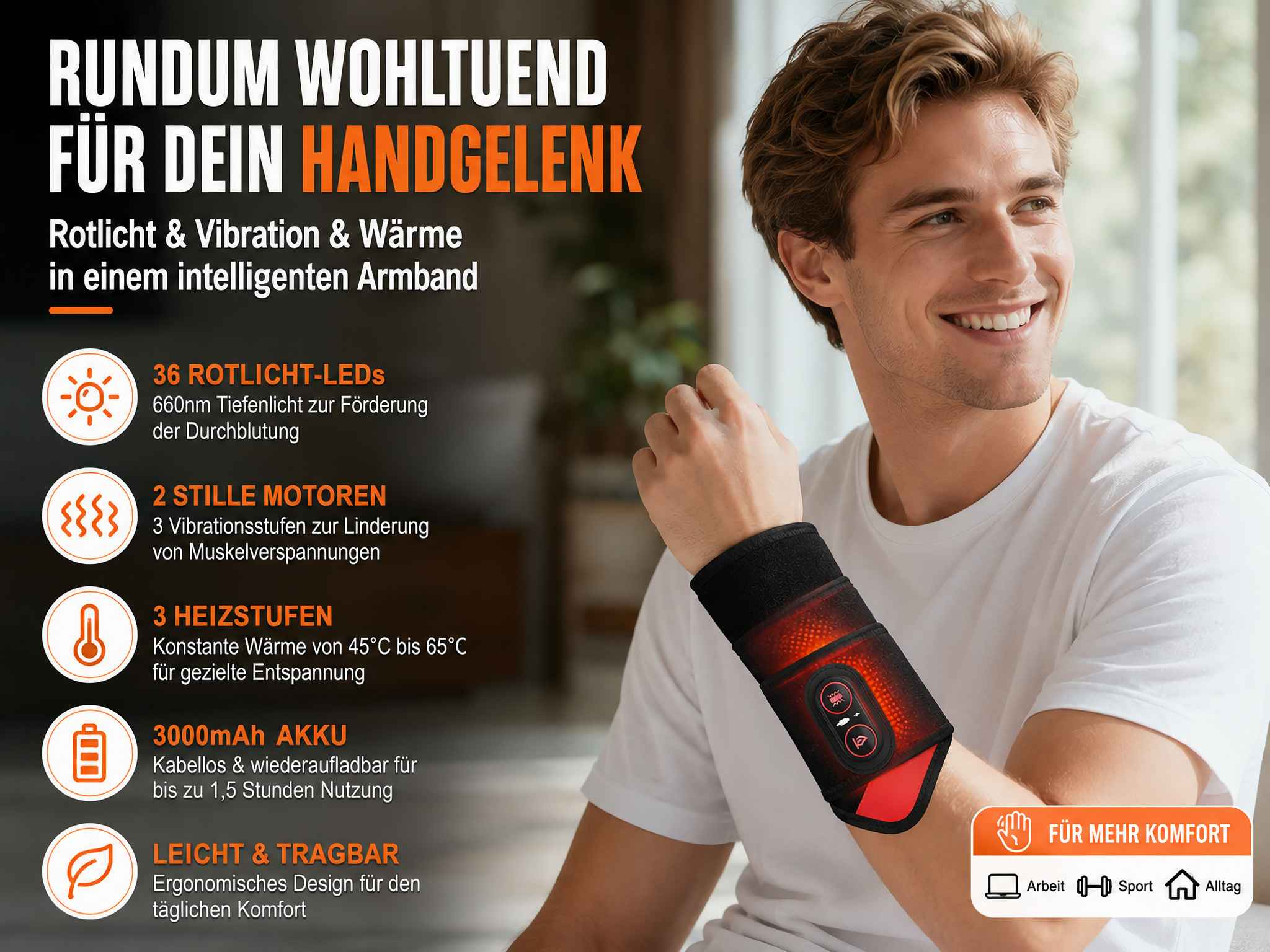 Ein Mann trägt ein intelligentes Handgelenkband mit Rotlicht, Vibration und Wärme.