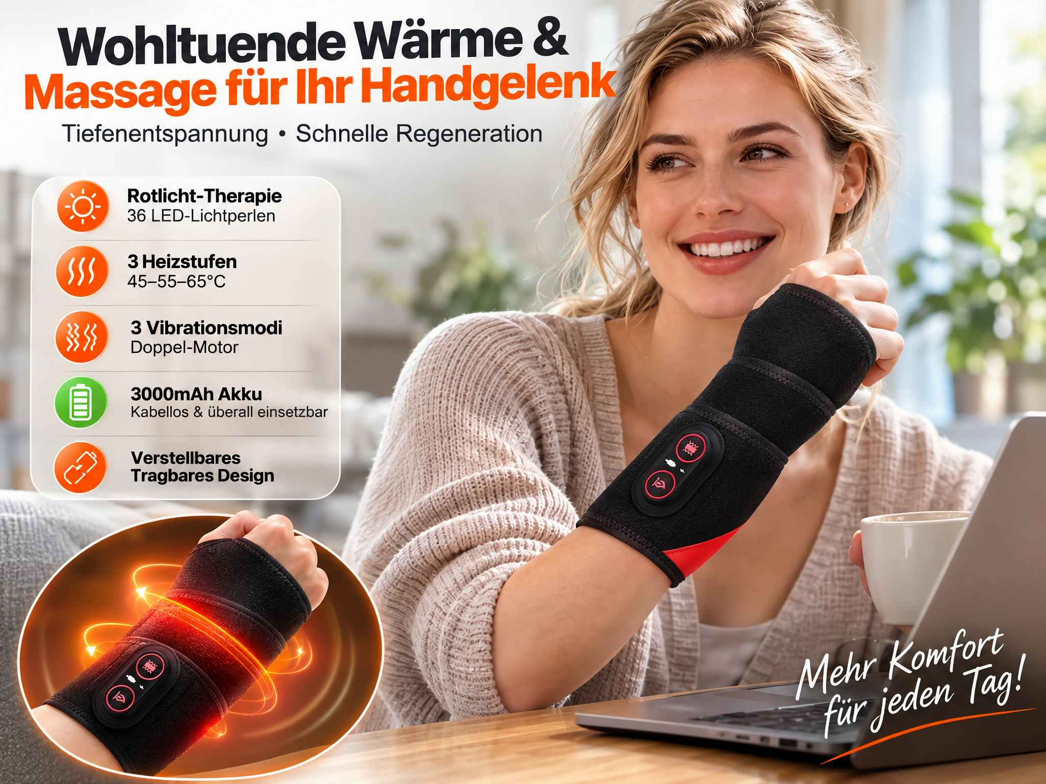Eine lächelnde Frau trägt eine schwarze Handgelenkbandage am Laptop mit deutschem Text.