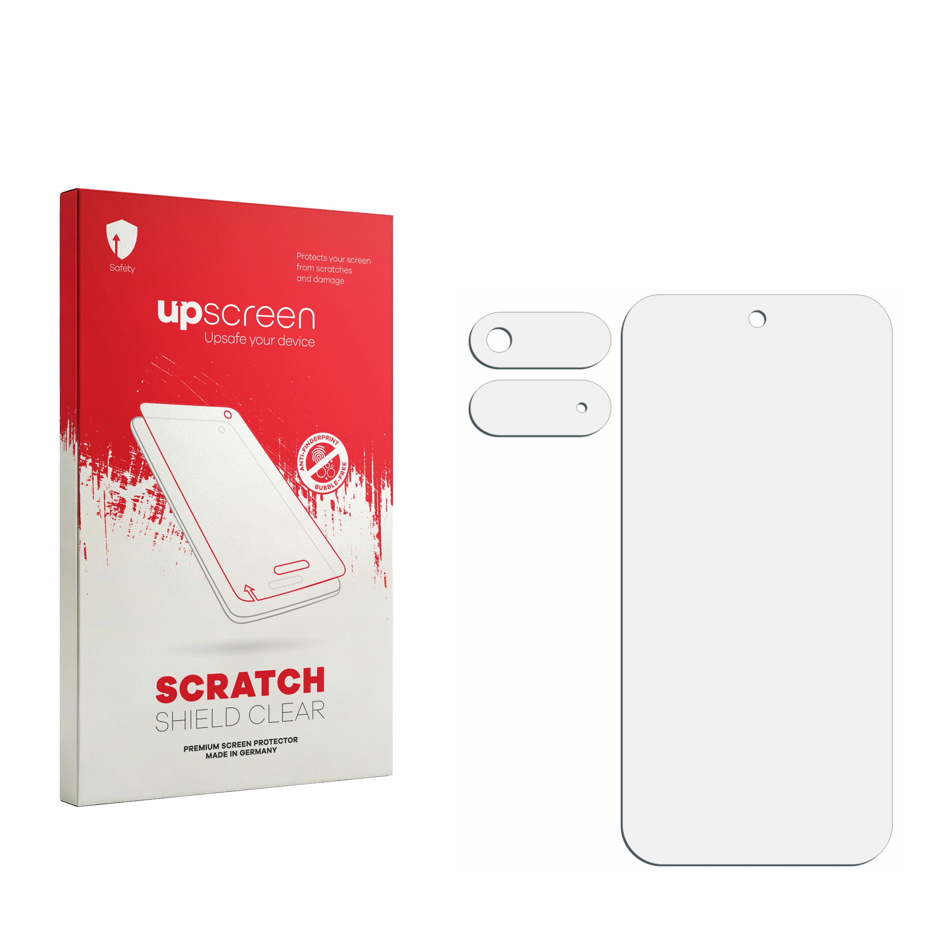 Eine upScreen Scratch Shield Clear Displayfolienverpackung neben zwei kleineren Klebeschutzfolien und einer Hauptfolie.