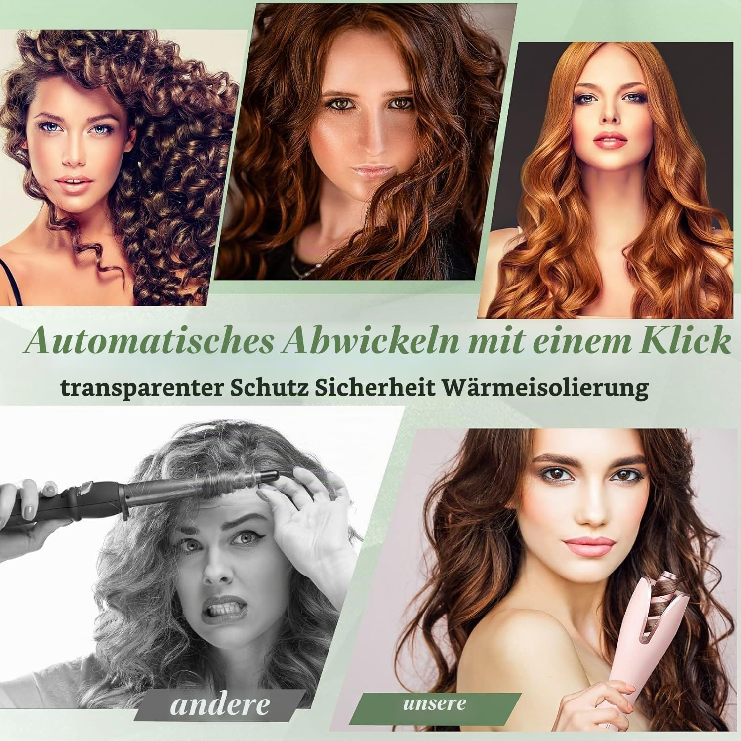 Werbebild für einen automatischen Lockenstab mit Vergleichen zu herkömmlichen Methoden und Text.