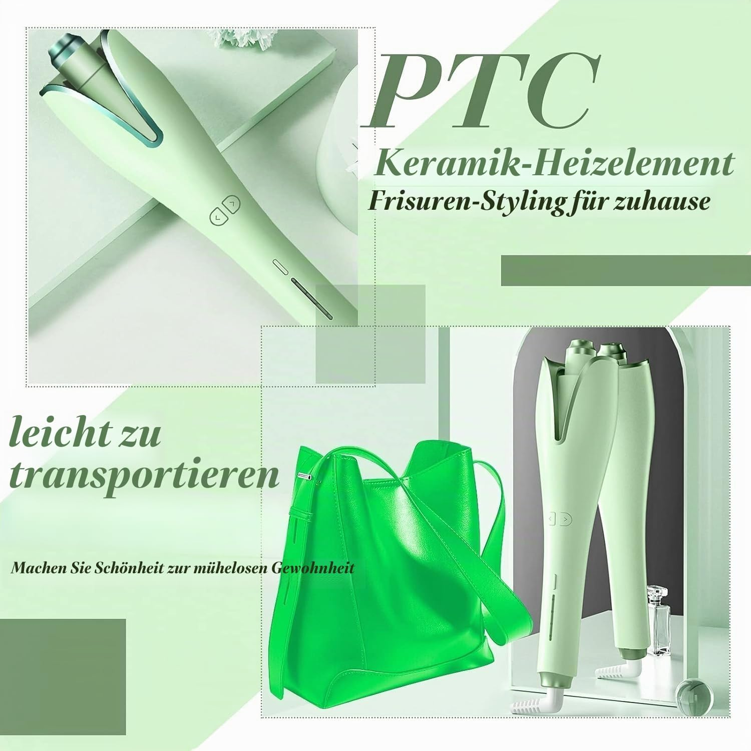 Grüner automatischer Lockenstab mit Keramik-Heizelement, einer grünen Handtasche und deutschem Text.