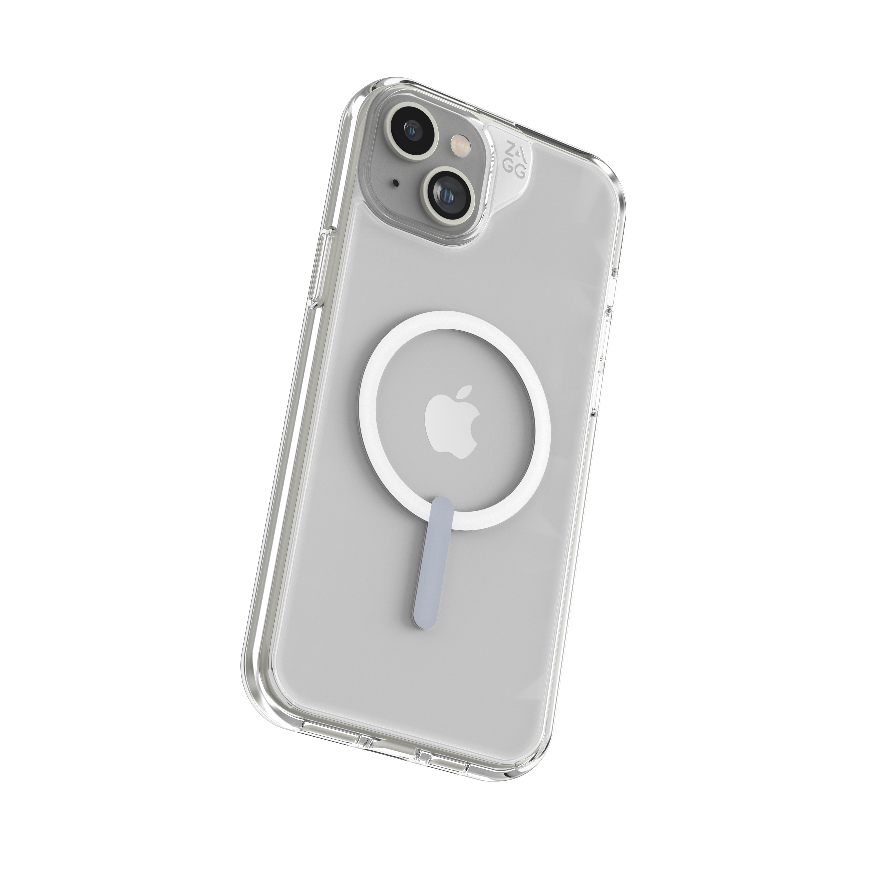 Eine transparente iPhone-Hülle mit MagSafe-Ring und Aussparung für die Dual-Kamera auf weißem Hintergrund.