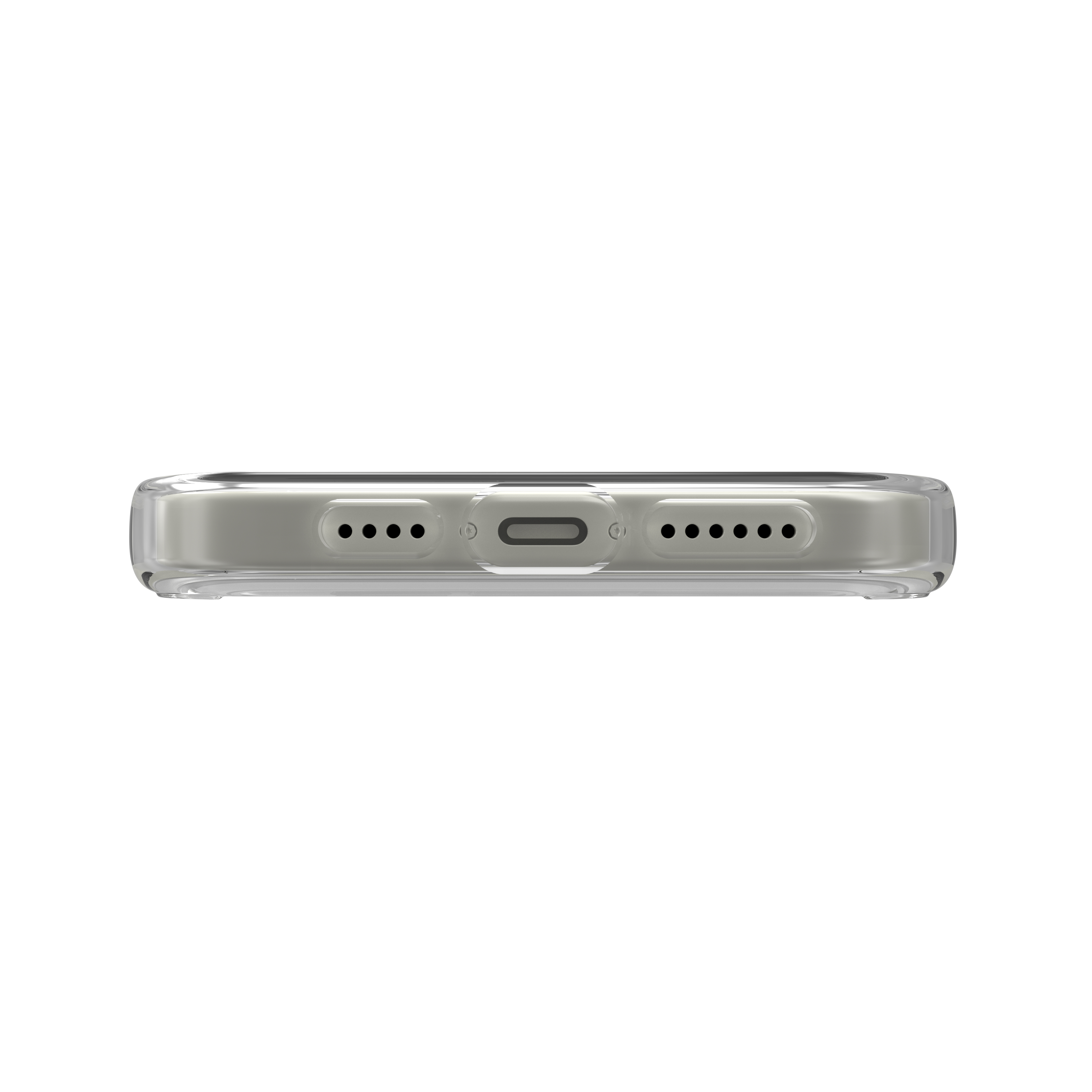Unterseite eines Smartphones mit transparentem Schutzcase, Ladeanschluss und Lautsprechern auf weißem Hintergrund.