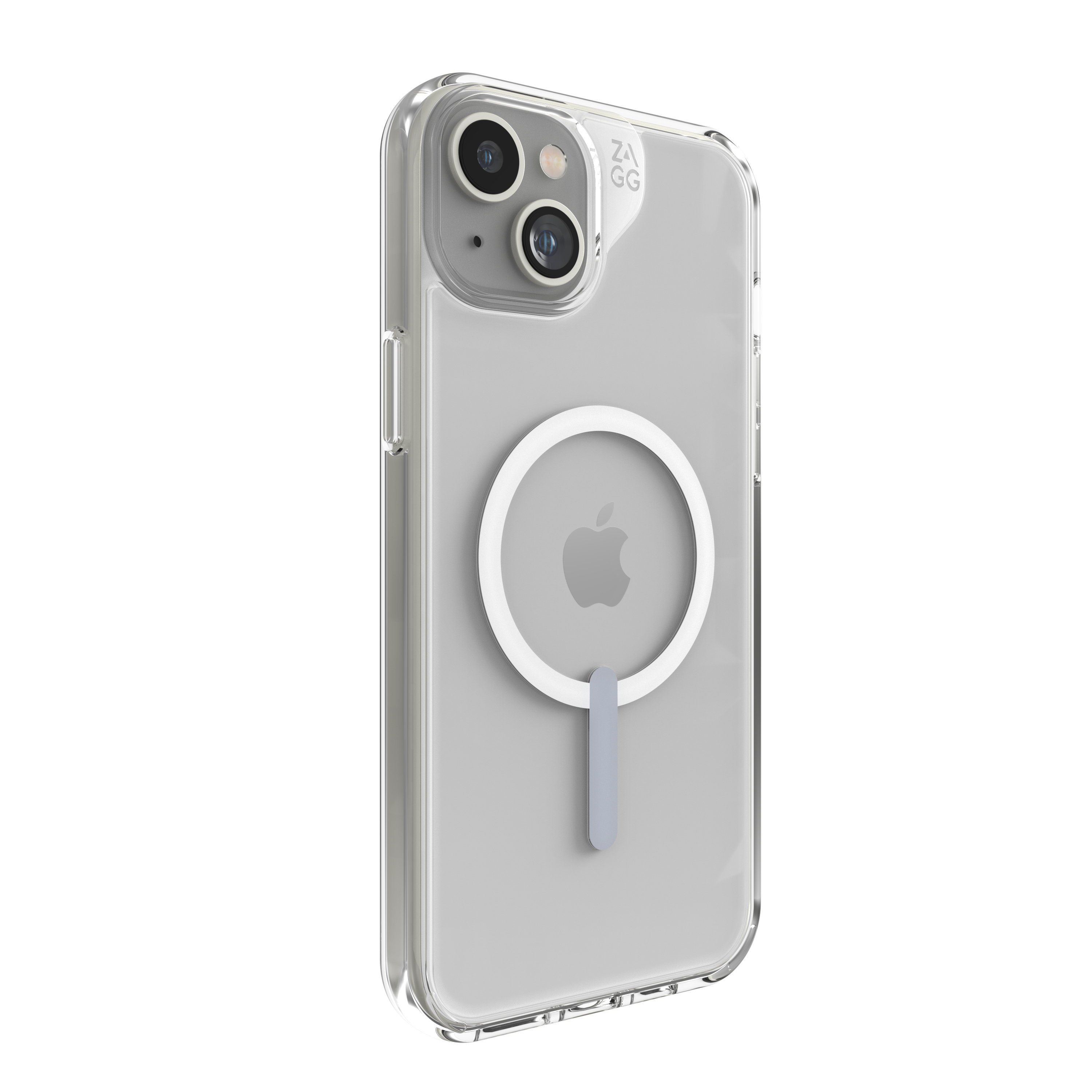 Eine transparente Handyhülle mit MagSafe-Ring auf der Rückseite vor weißem Hintergrund.