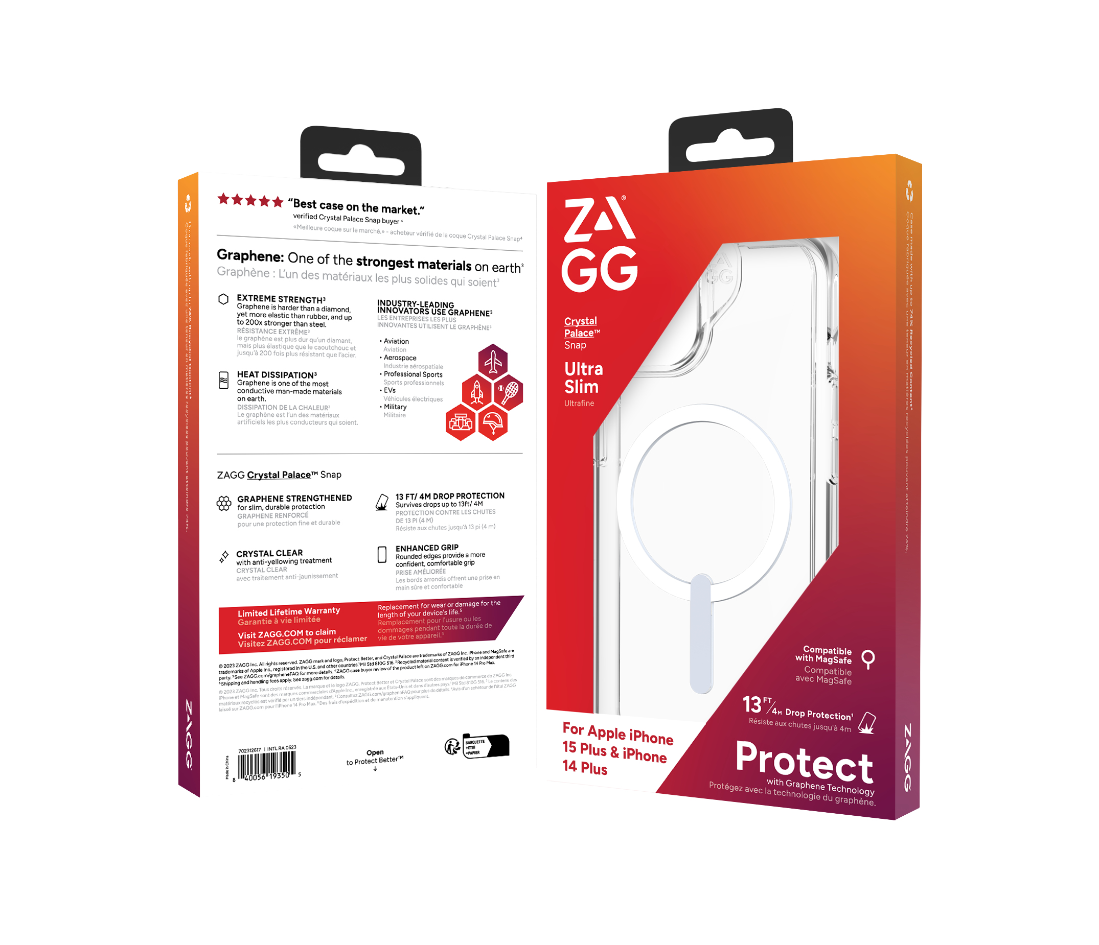 ZAGG Crystal Palace Snap Schutzhüllen-Verpackung für iPhone 15 Plus und 14 Plus mit Graphen-Technologie.