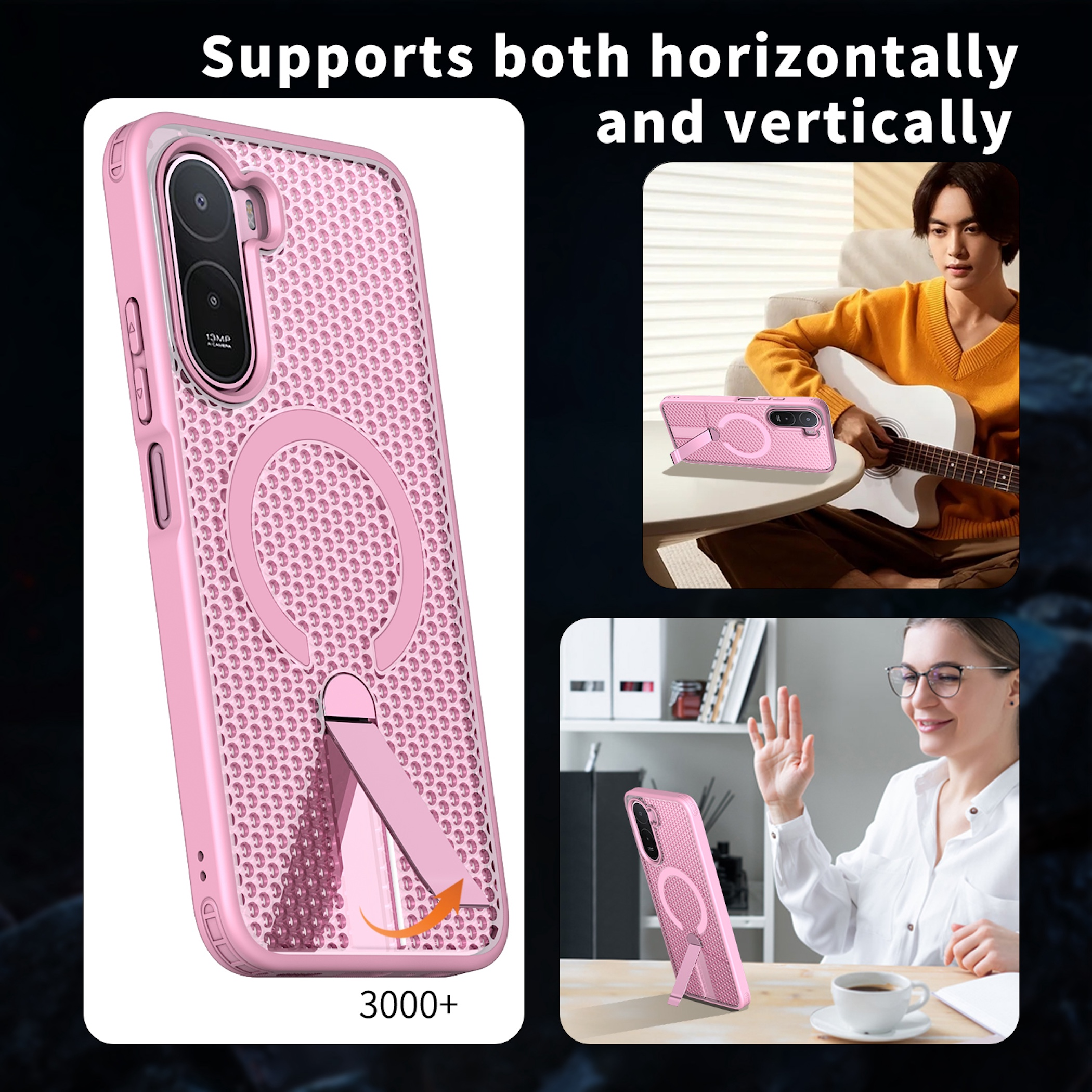 Rosa Handyhülle mit integriertem Ständer, gezeigt in verschiedenen Gebrauchssituationen.