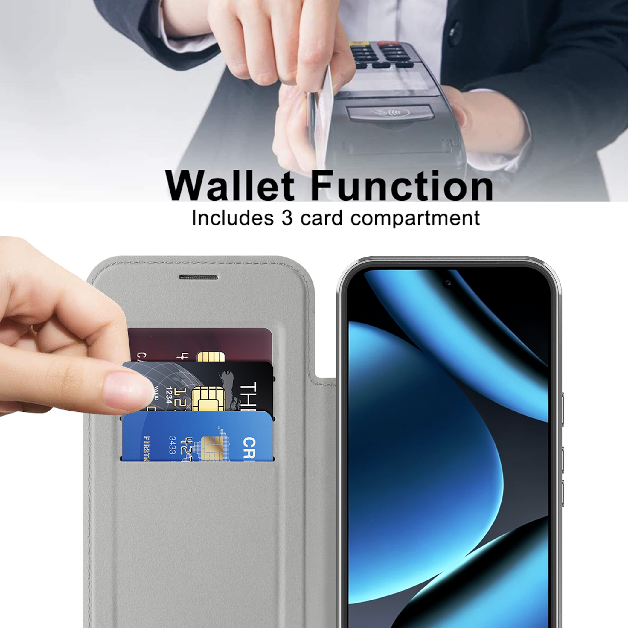Graue Handy-Geldbörsenhülle mit drei Kartenfächern, daneben Smartphone und Person beim Kartenzahlen.