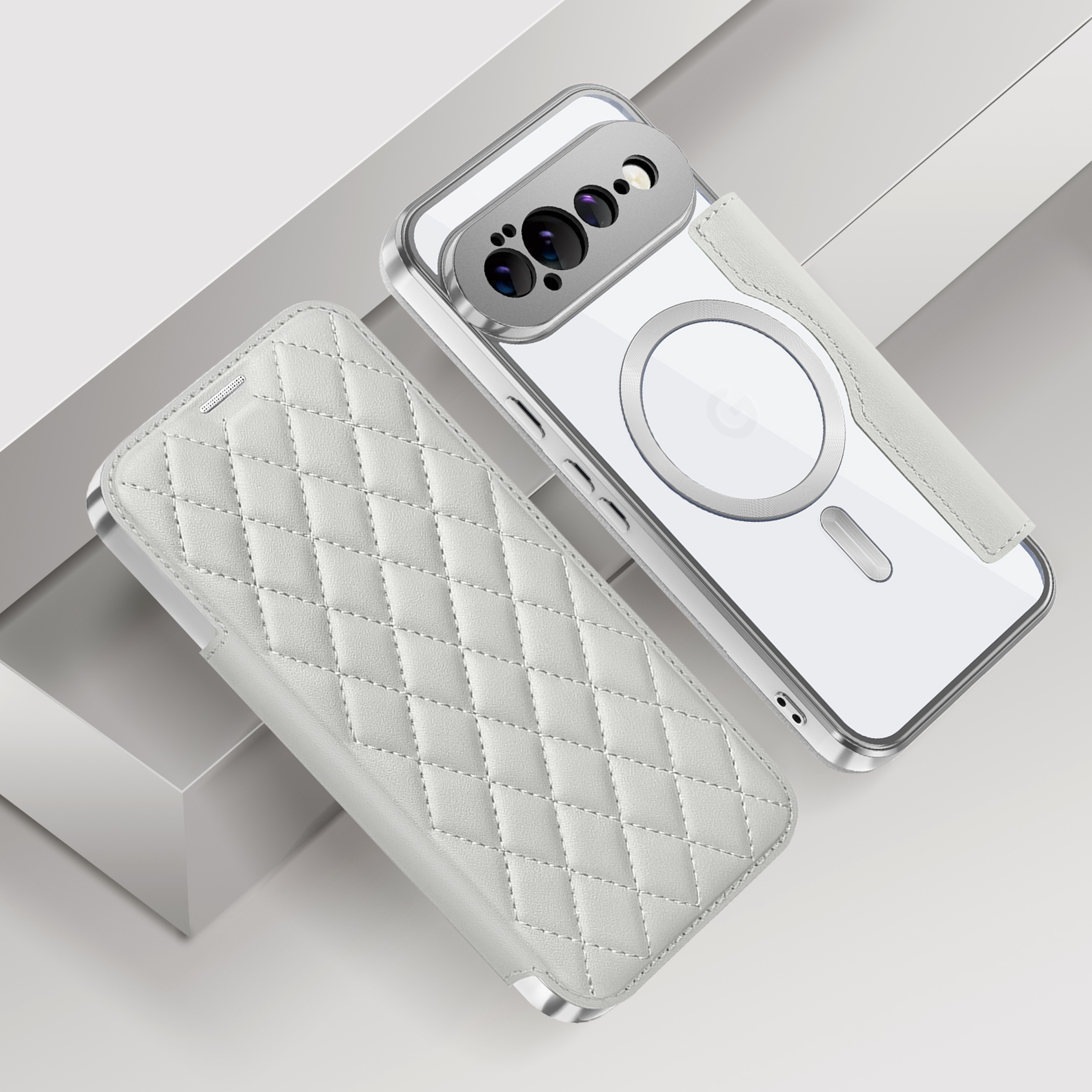 Ein Smartphone in einer weißen Schutzhülle mit Rautenmuster auf einer hellen, gestuften Oberfläche.