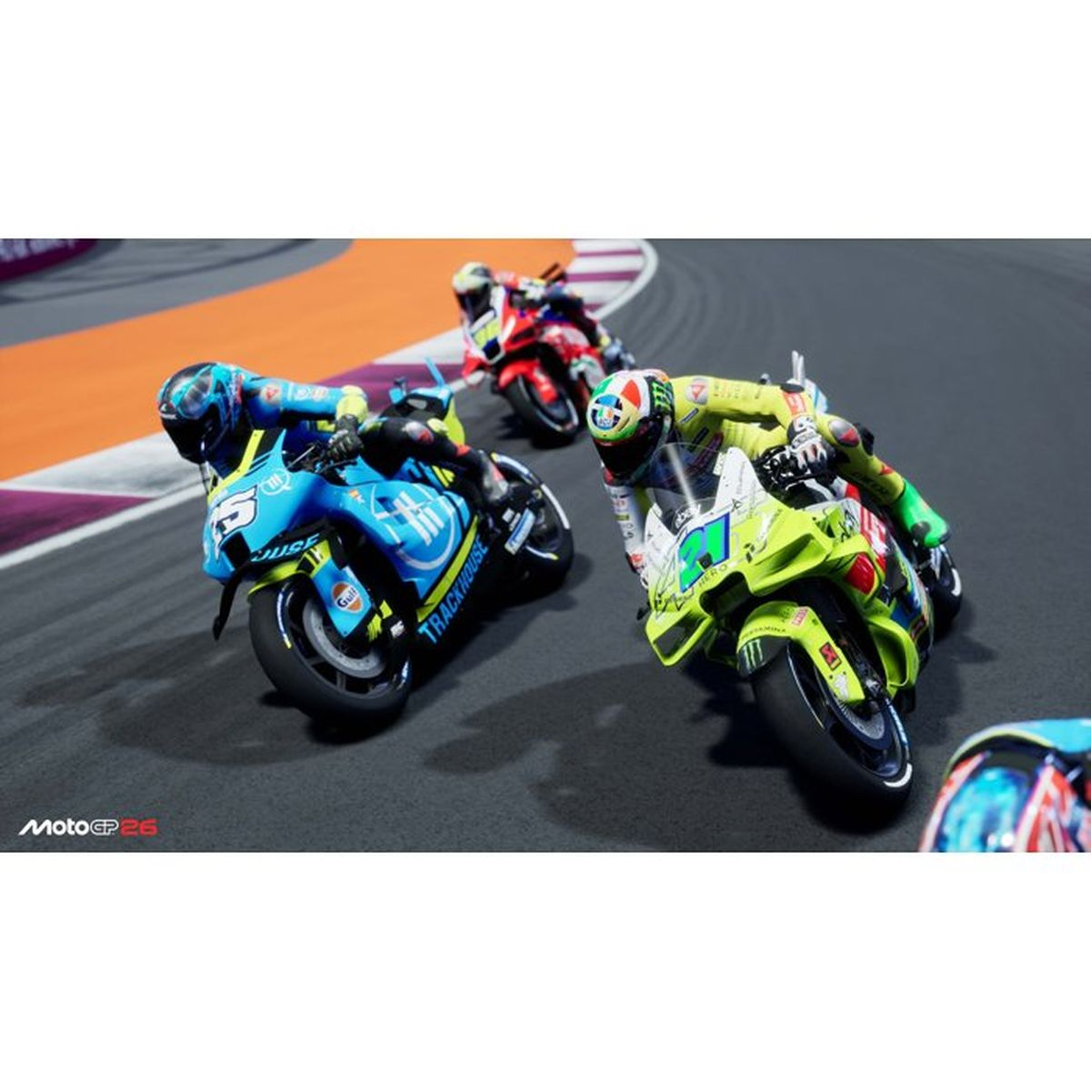 Drei MotoGP-Fahrer in bunten Rennkombis und auf schnellen Motorrädern fahren auf einer Kurvenstrecke.
