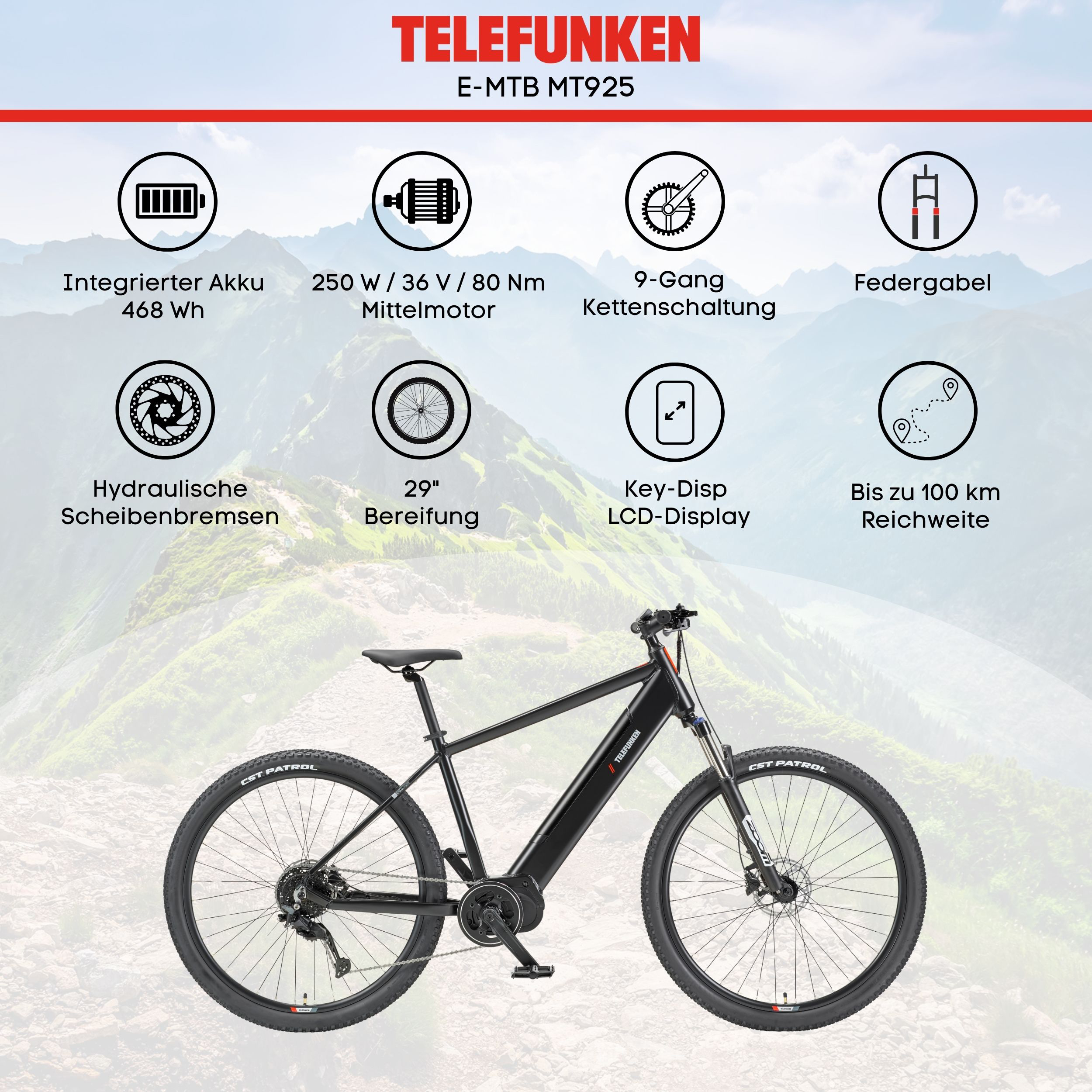 Telefunken E-MTB MT925 E-Bike vor einer Bergkulisse mit acht runden Funktionssymbolen.