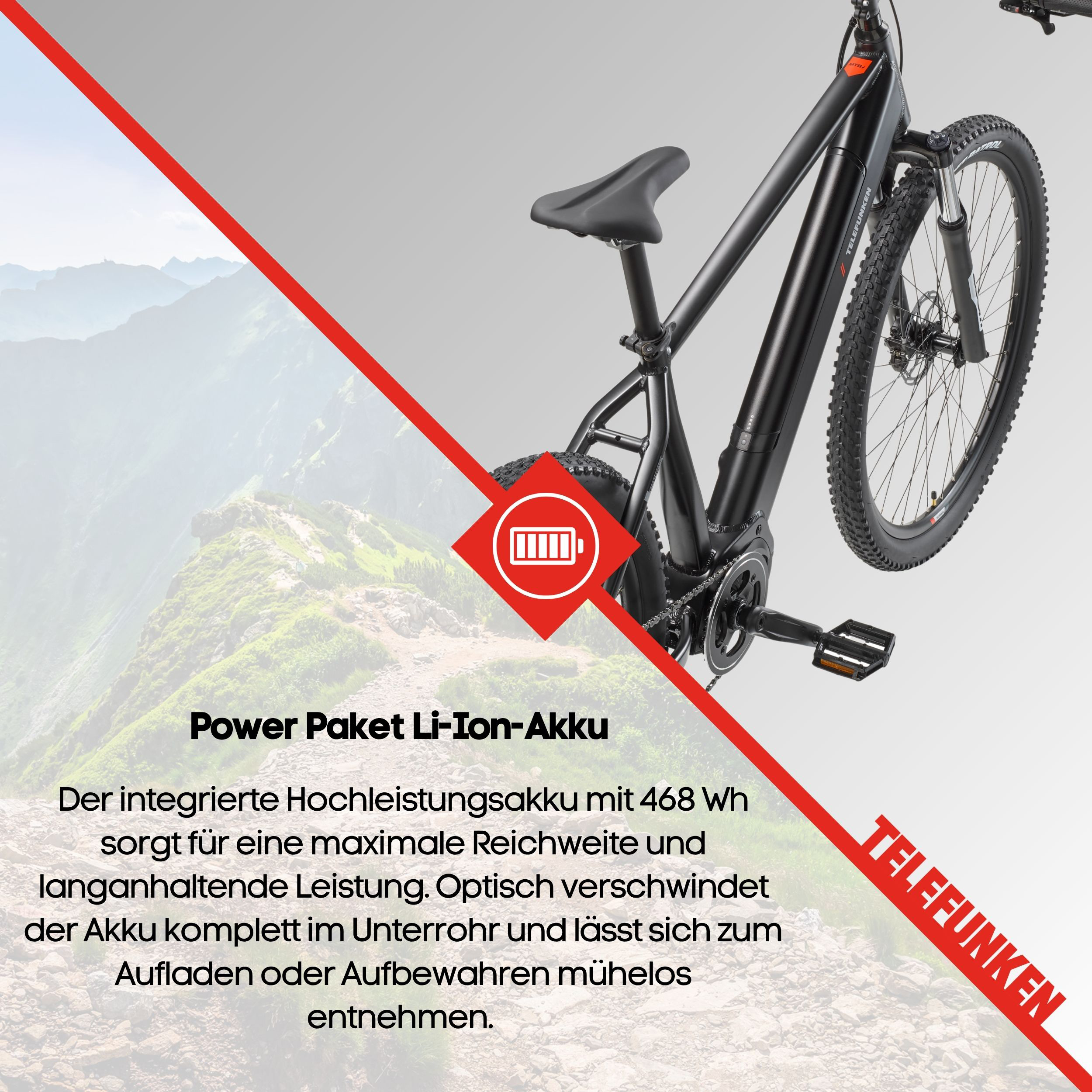 Ein schwarzes E-Bike über einem Bergbild mit Text über den integrierten Li-Ion-Akku und Telefunken-Schriftzug.