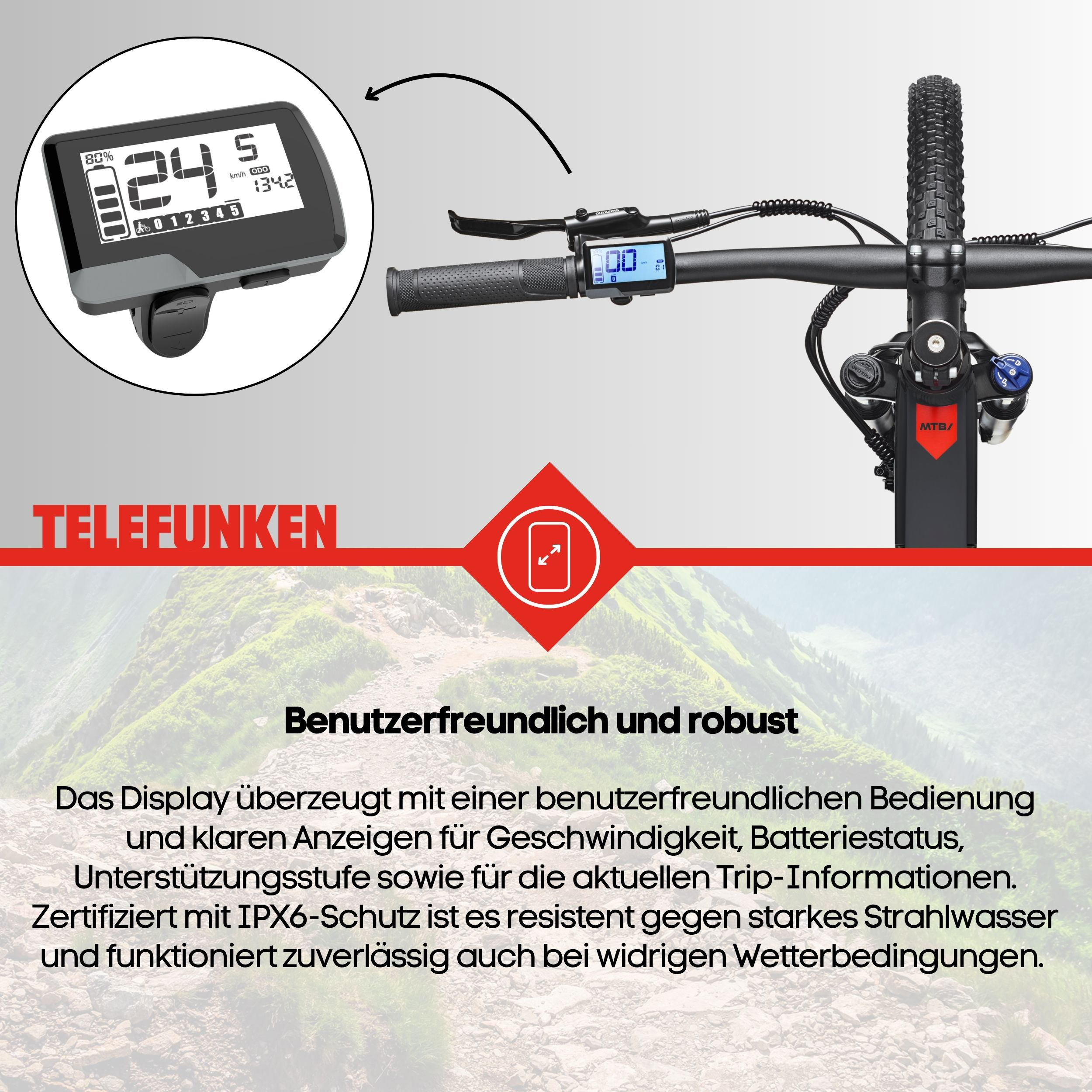 Telefunken E-Bike-Lenker mit Display, vergrößertem Bildschirm, Bergbild und Text auf Deutsch.