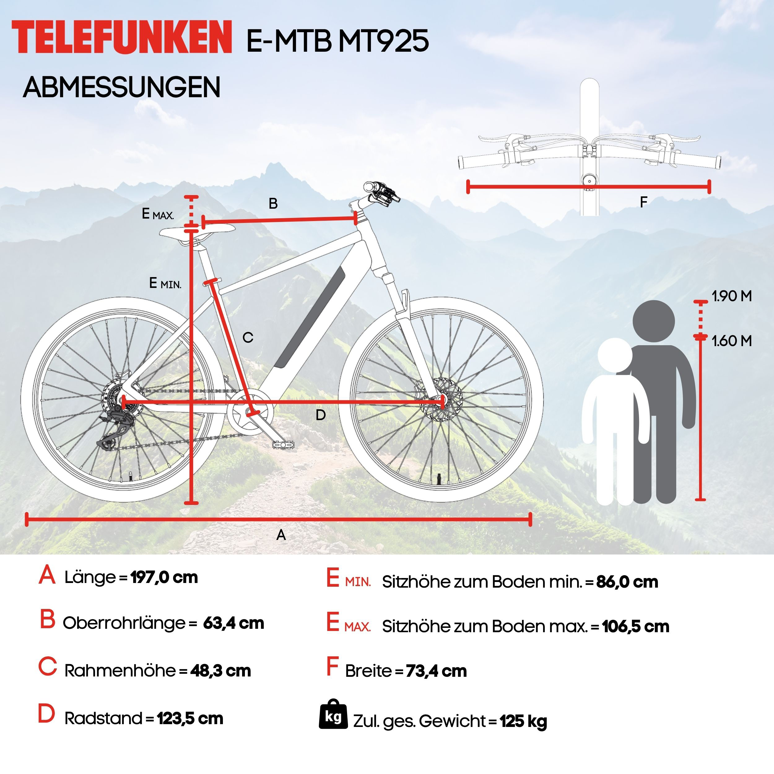 Diagramm der Abmessungen eines Telefunken E-MTB MT925 E-Bikes vor einer Bergkulisse.