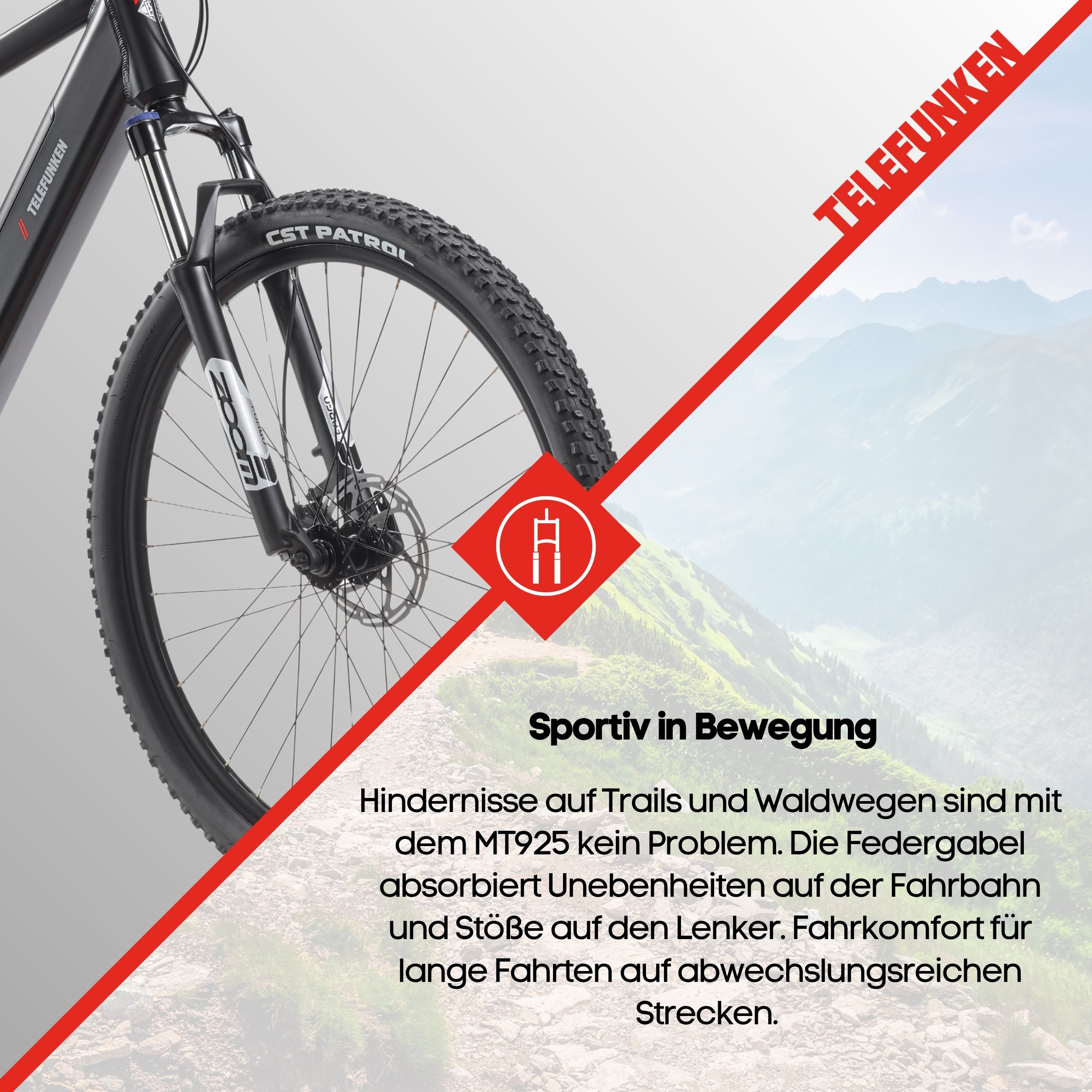 Nahaufnahme der Vorderradgabel eines Telefunken Mountainbikes vor einer Berglandschaft mit deutschem Werbetext.