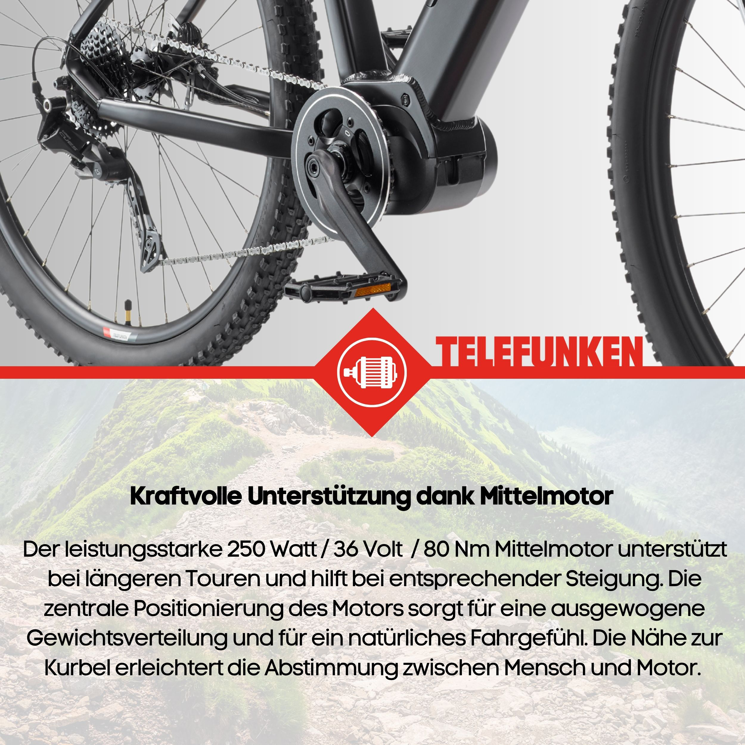 Nahaufnahme eines schwarzen E-Bike-Mittelmotors mit Kurbel und Kette vor einem bergigen Hintergrund.