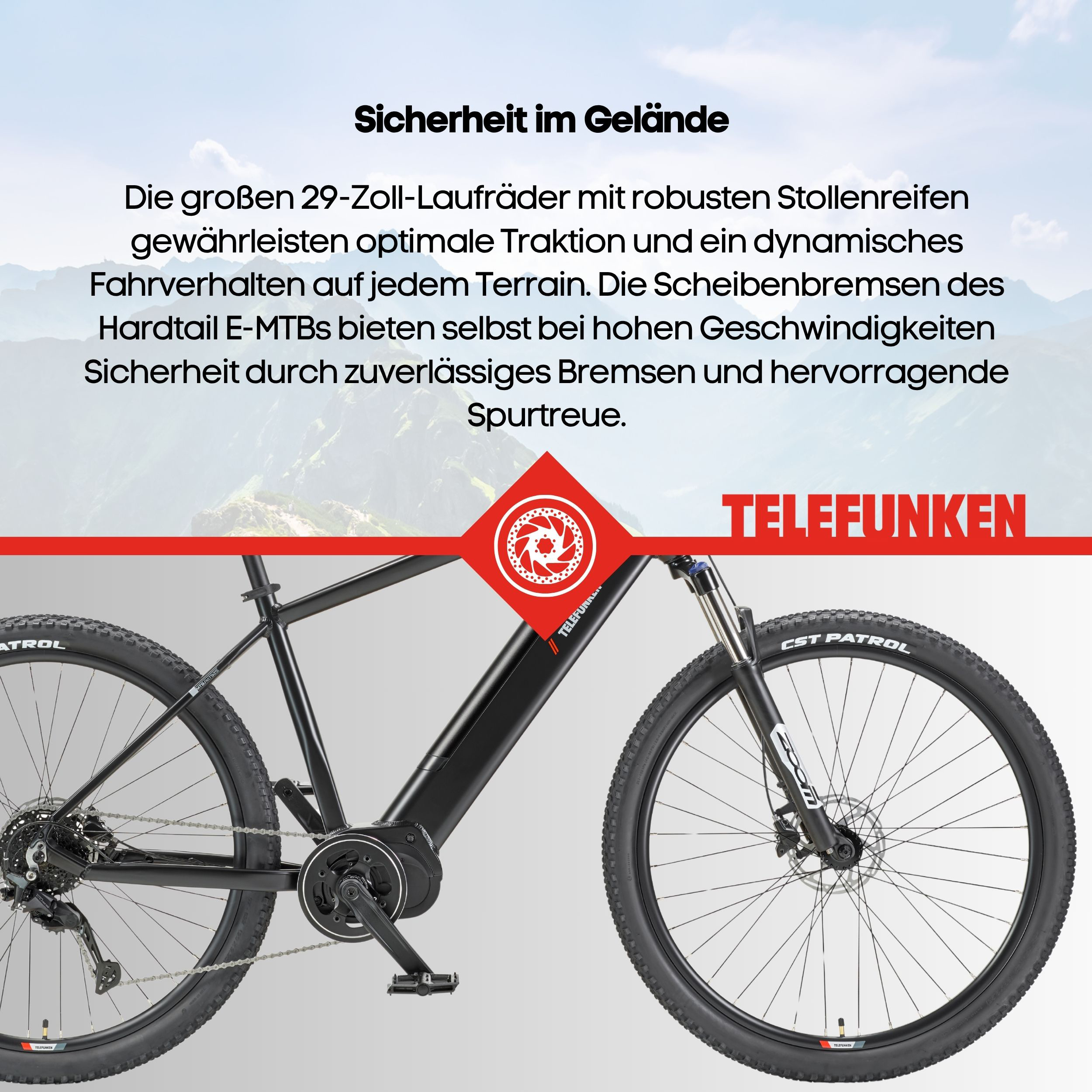 Ein schwarzes Telefunken E-Mountainbike mit 29-Zoll-Rädern und Scheibenbremsen vor Bergkulisse.