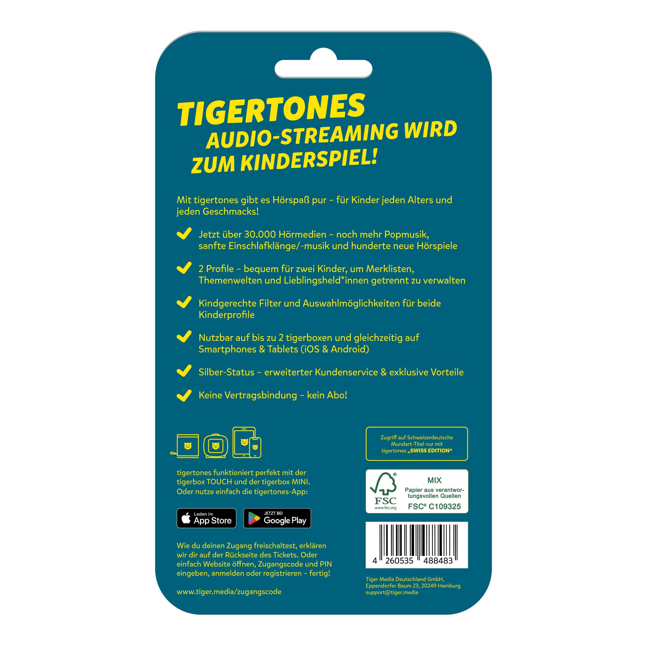 Il retro verde di una confezione Tigertones con testo giallo, loghi di app e un codice a barre.
