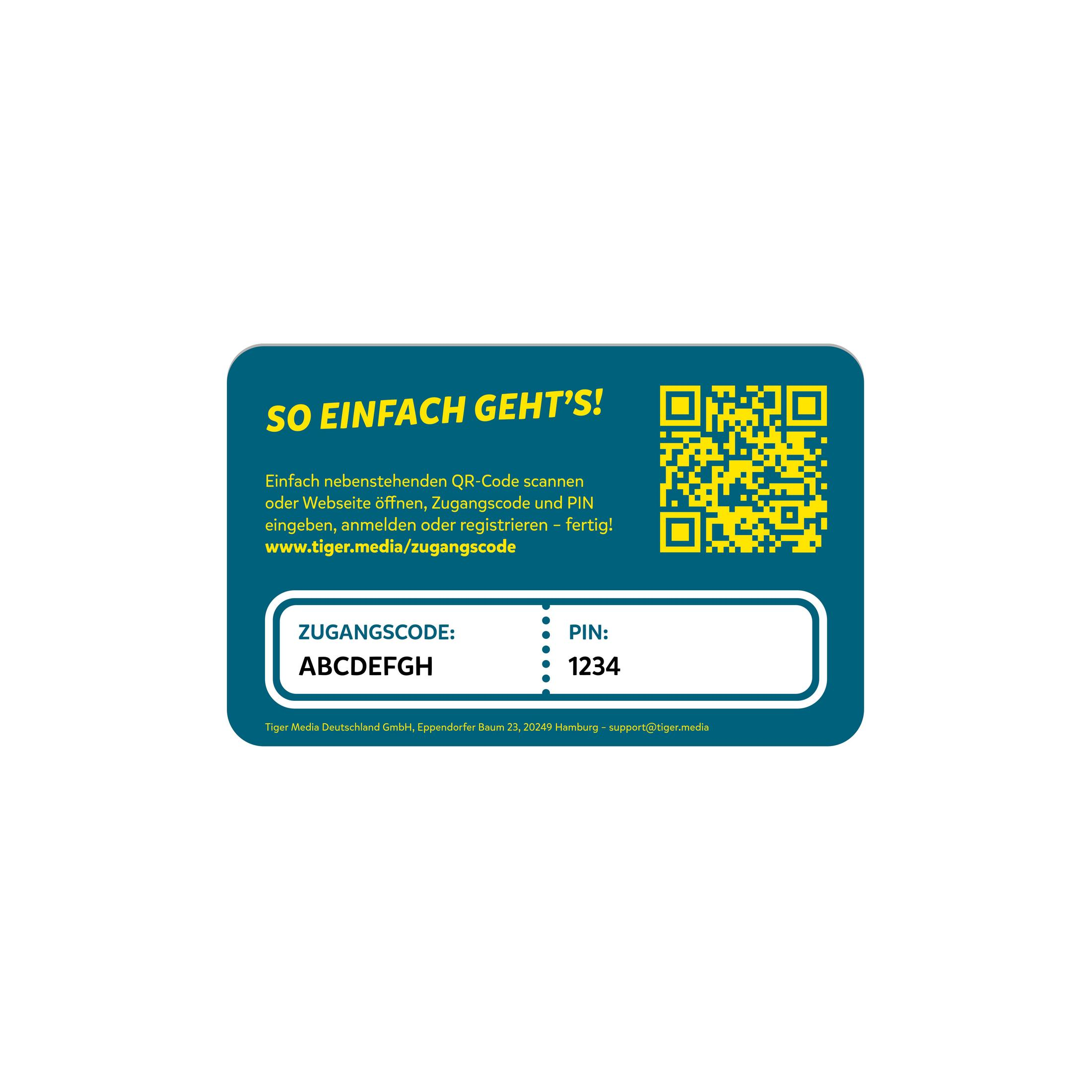 Scheda informativa blu con codice QR, istruzioni e campi per codice di accesso e PIN.