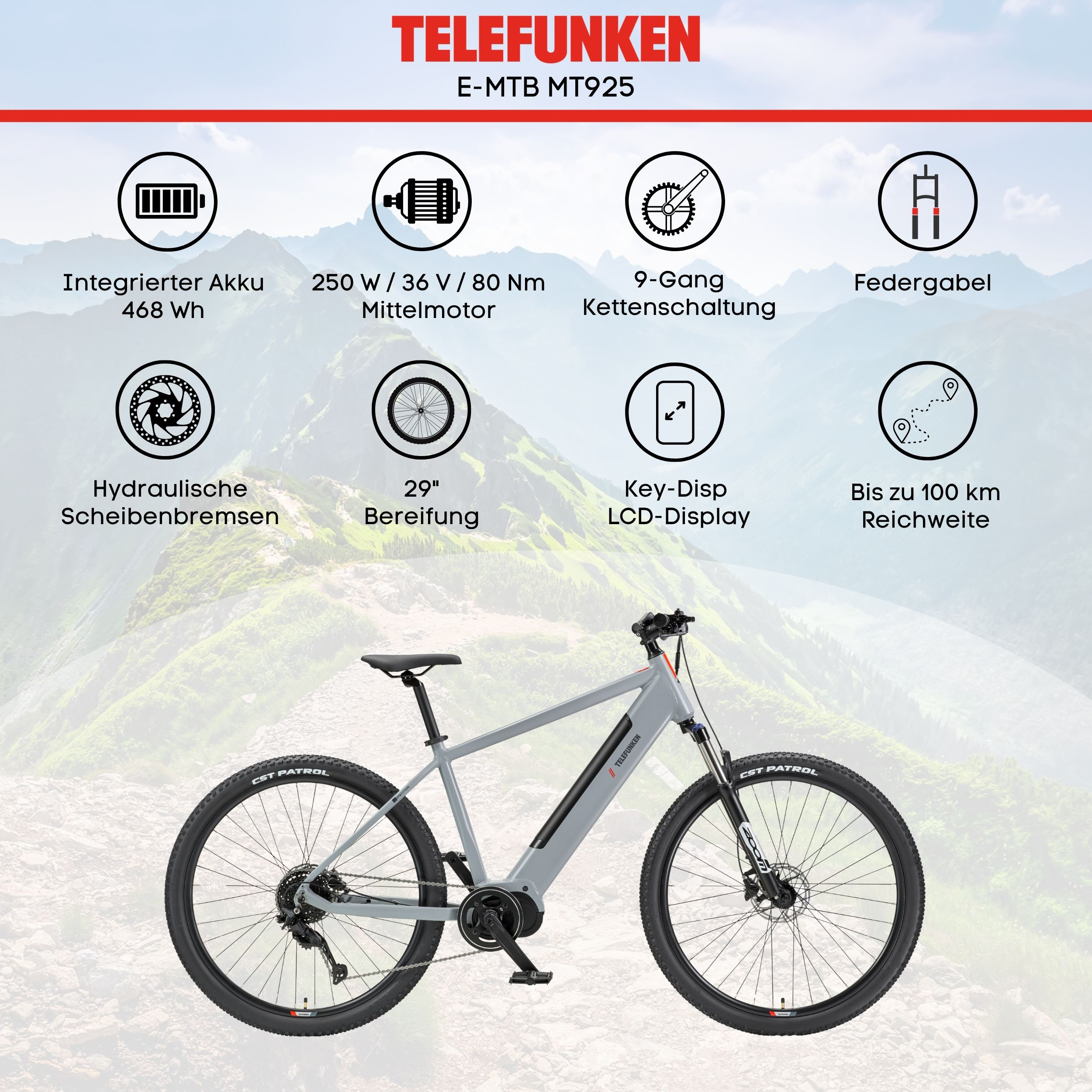Telefunken E-MTB MT925 in Grau vor Bergpanorama mit Icons für technische Details.