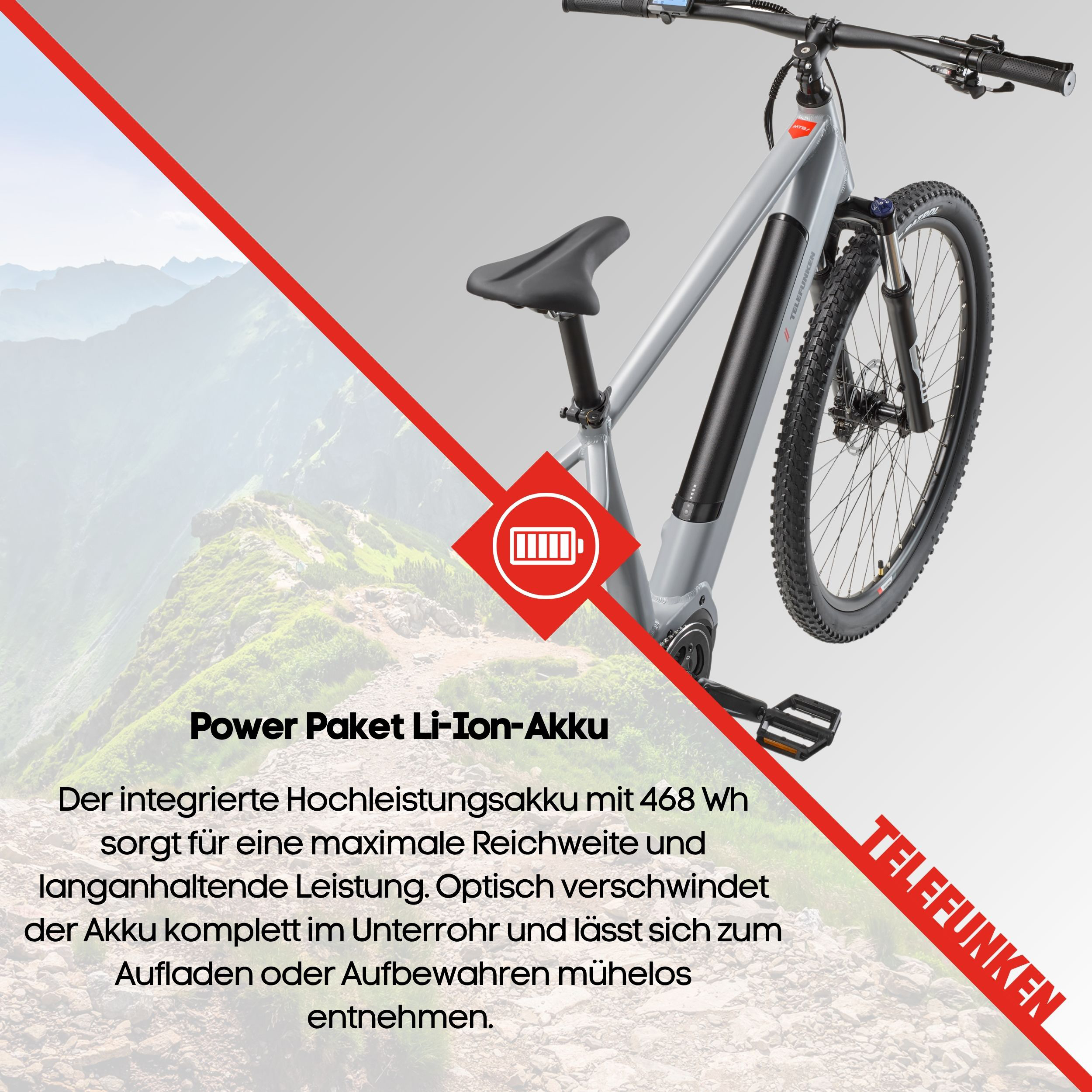 Graues E-Bike vor einer Berglandschaft mit Text zu Akku und Reichweite.