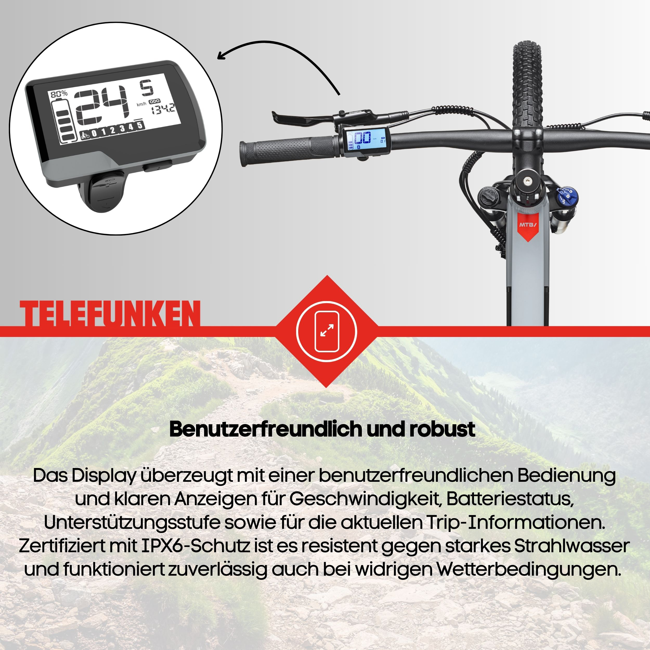 E-Bike Lenker mit Display, das Geschwindigkeit, Batterie und mehr zeigt. Im Hintergrund ein Bergpfad.