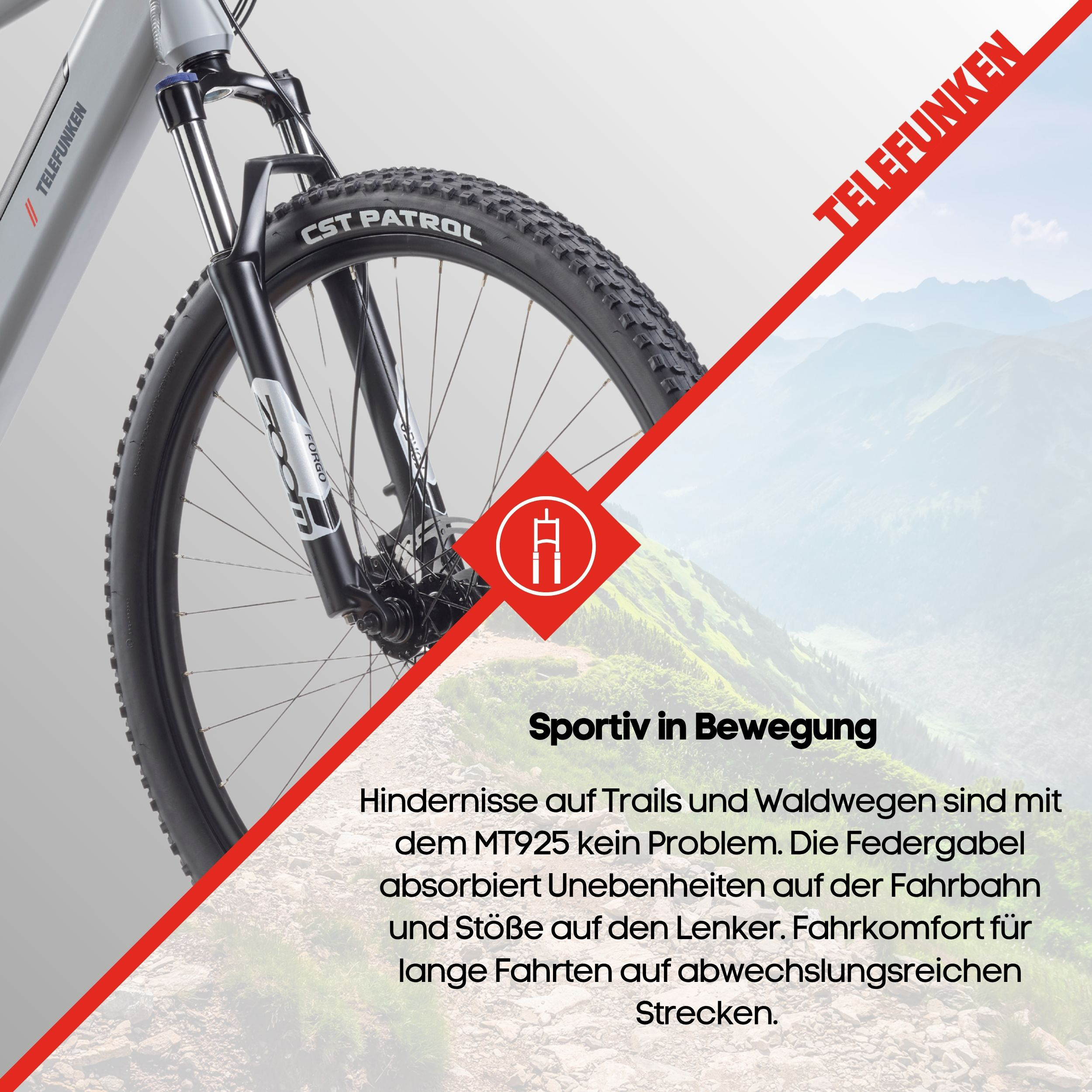 Nahaufnahme eines Mountainbike-Vorderrads vor einer Berglandschaft mit deutschem Werbetext.