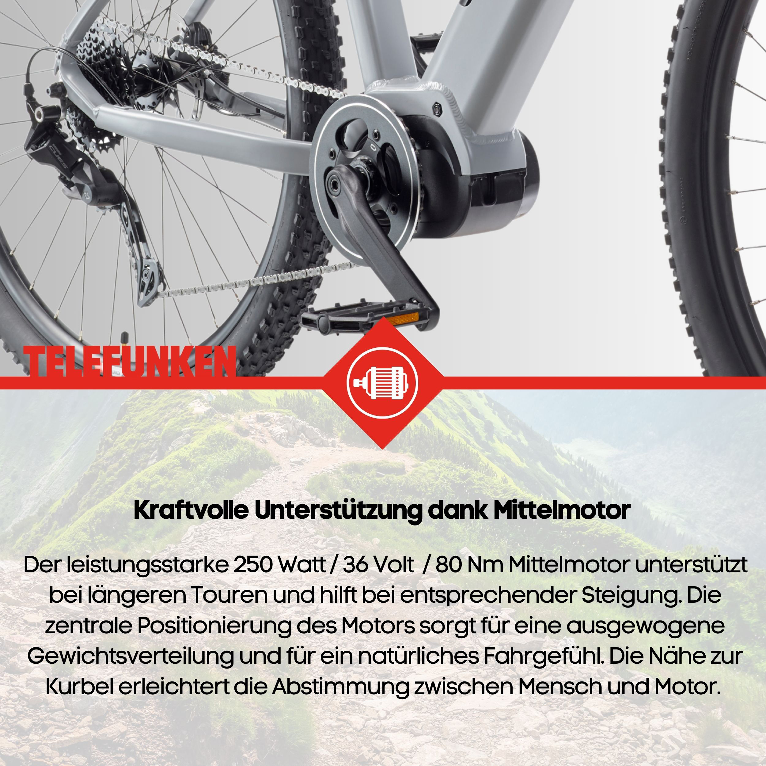 Nahaufnahme eines E-Bike-Mittelmotors mit Kurbel vor einer Bergkulisse und Text.
