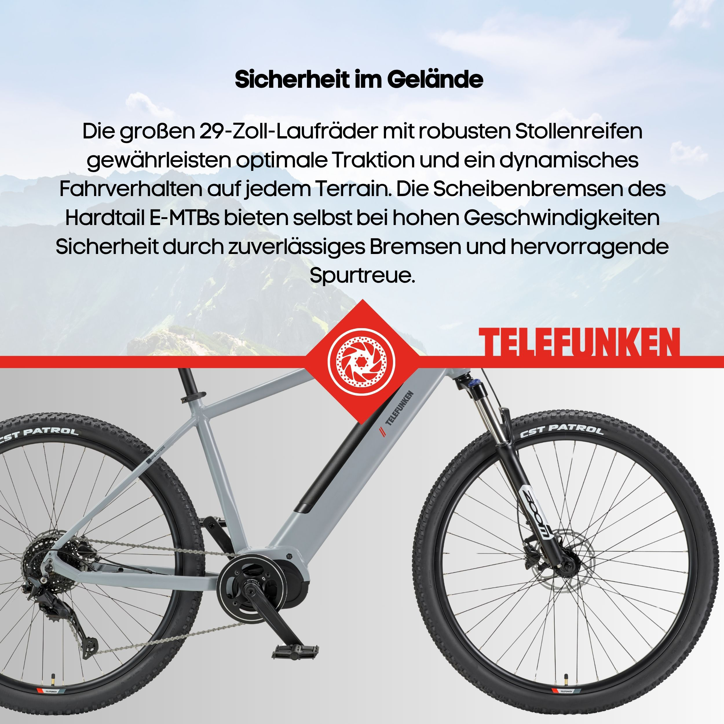 Ein graues Telefunken E-Mountainbike vor einer Bergkulisse mit Text auf Deutsch.