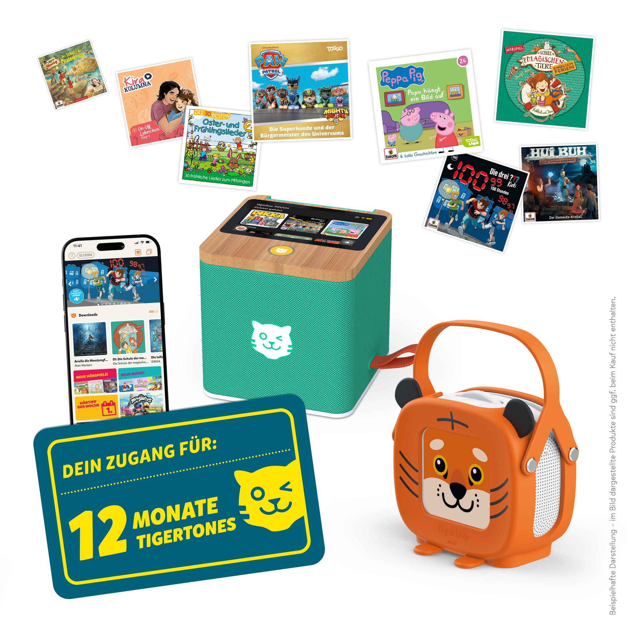 Eine türkise Audiobox, ein orangefarbener Tiger-Mini-Player, ein Smartphone und schwebende Audiokarten.