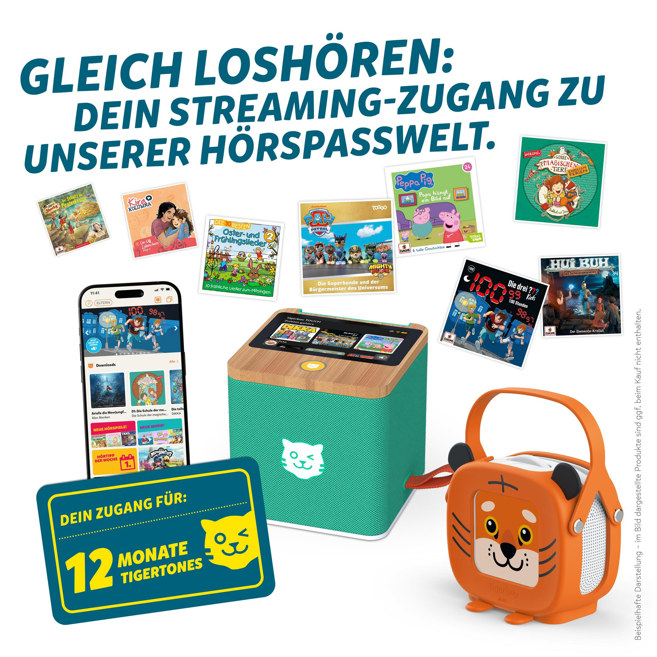 Streaming-Angebot mit tigerbox TOUCH, tigerbox MINI, Smartphone-App und verschiedenen Hörspielcovern.
