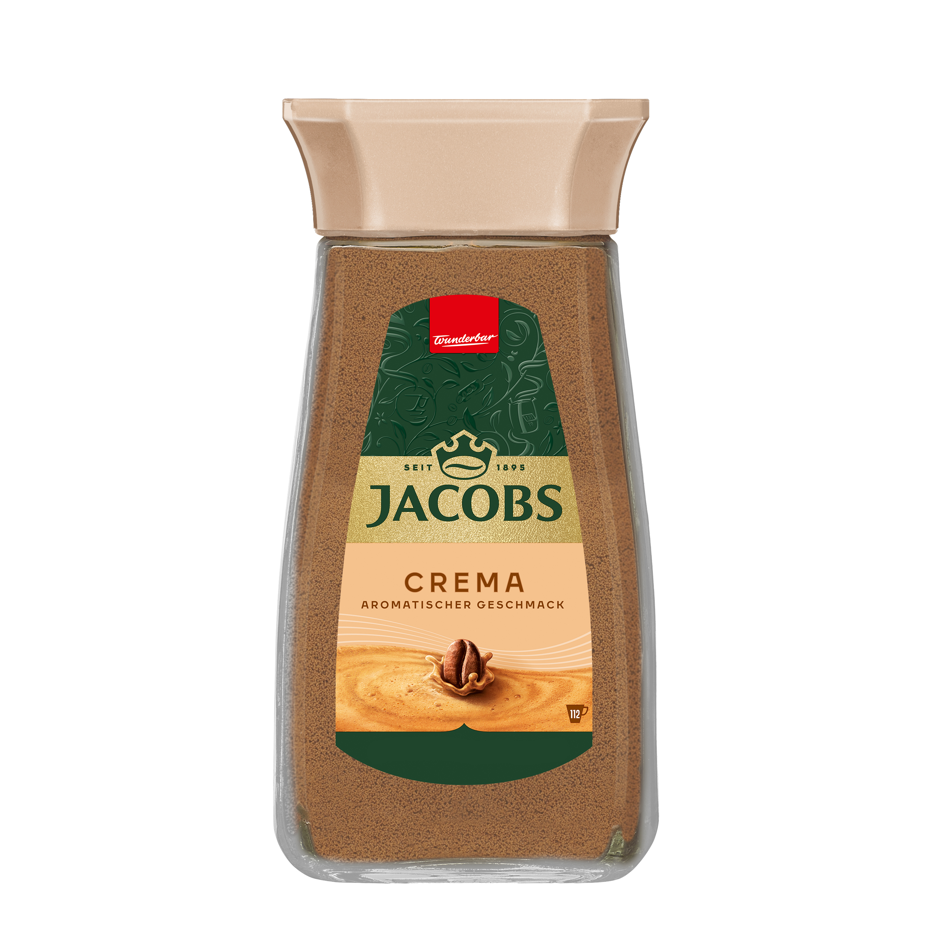 Ein Glas Jacobs Crema Instantkaffee mit beigefarbener Deckel und grün-goldener Etikett mit Kaffeegranulat.