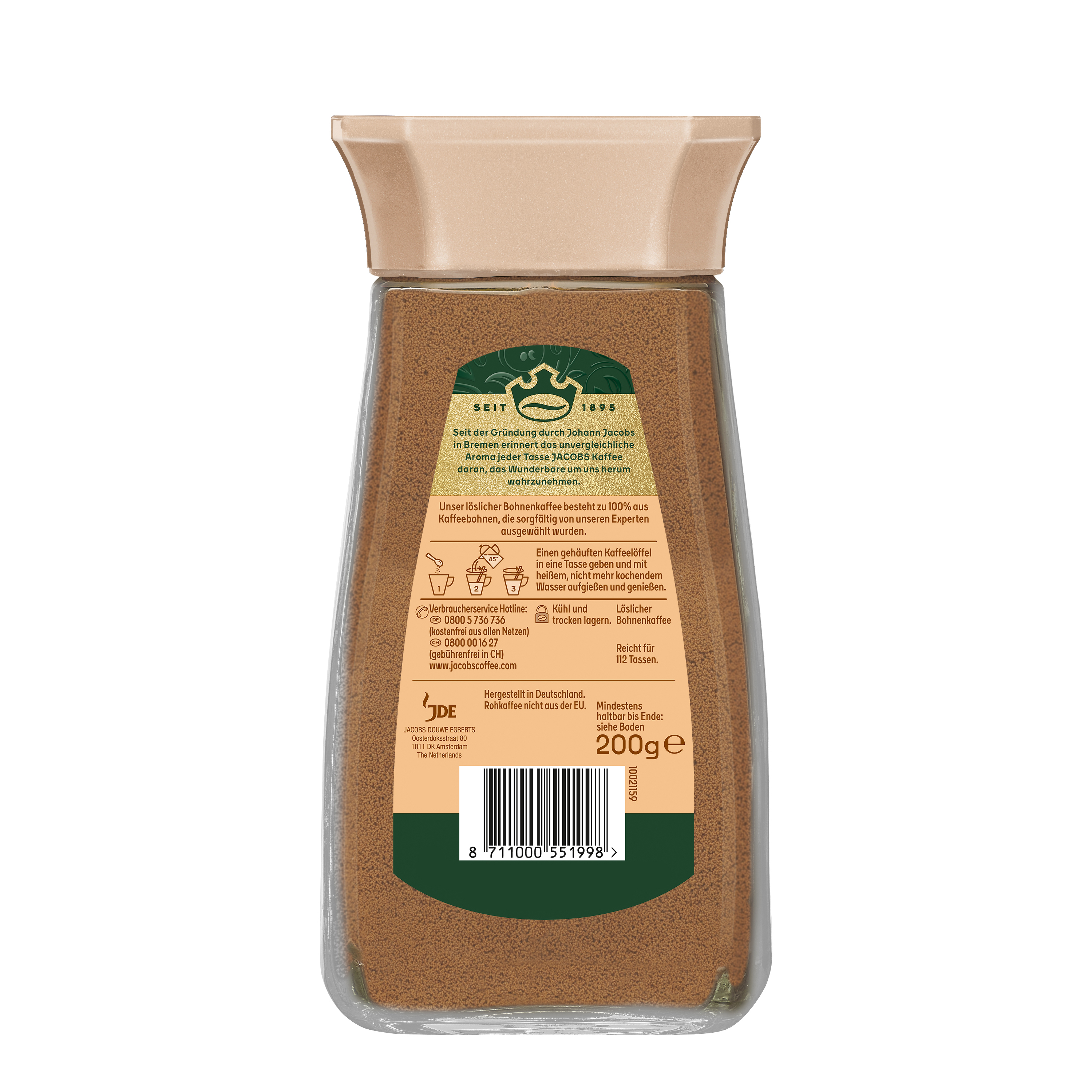 Rückseite eines Jacobs Instantkaffee-Glases mit Etikett, Zubereitungshinweisen und Strichcode.