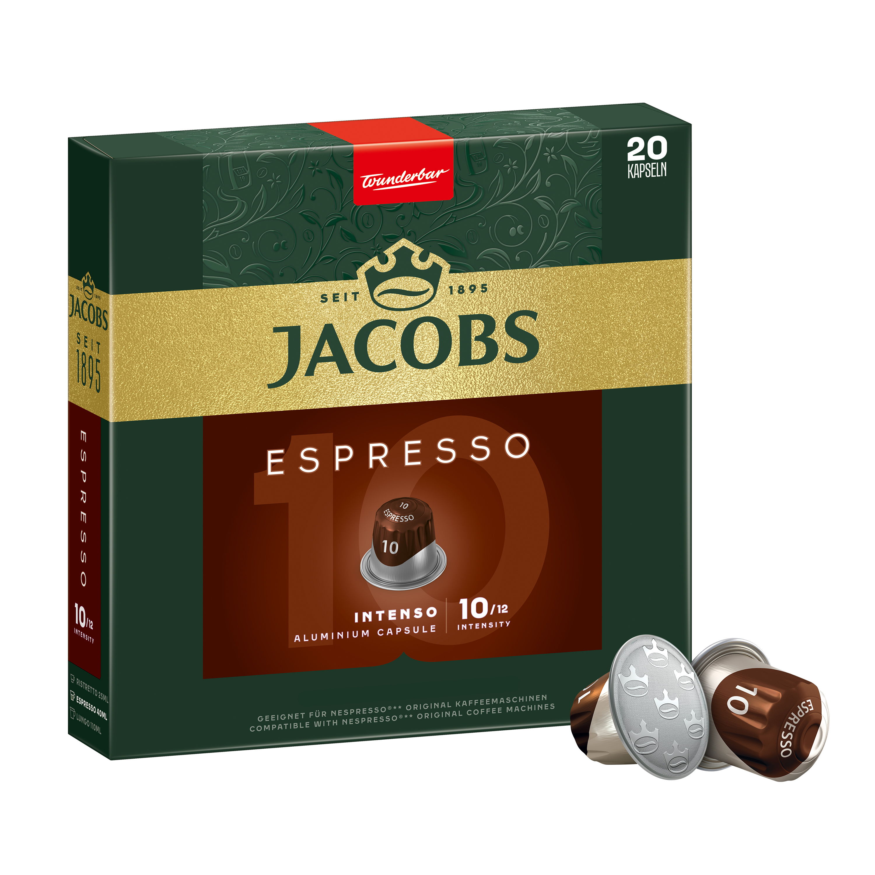 Grüne Jacobs Espresso Intenso Kaffeekapselverpackung mit zwei Kapseln vorne.