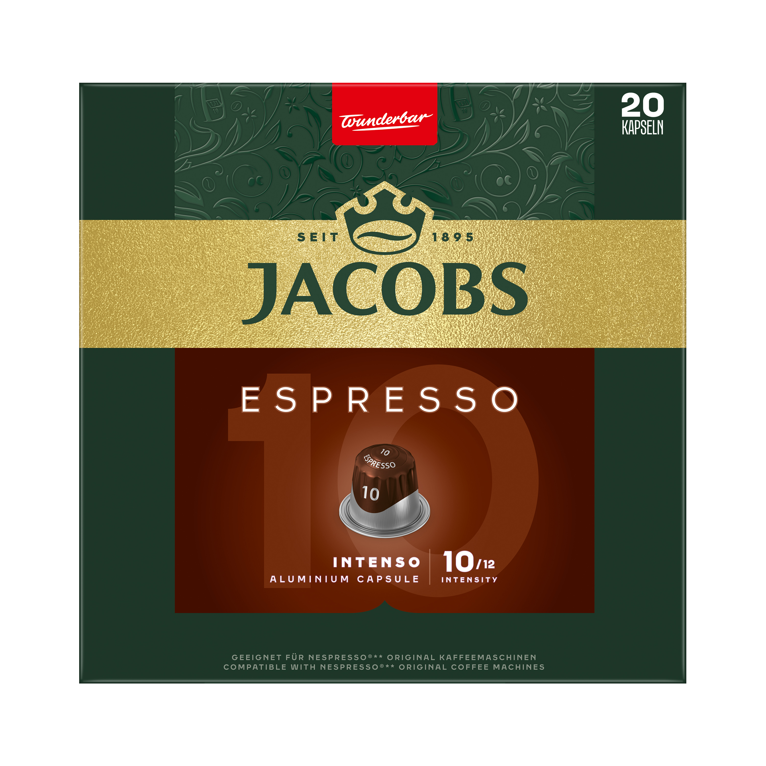 Jacobs Espresso Intenso Kaffeekapseln Verpackung mit goldener Binde und Kaffeekapselbild.