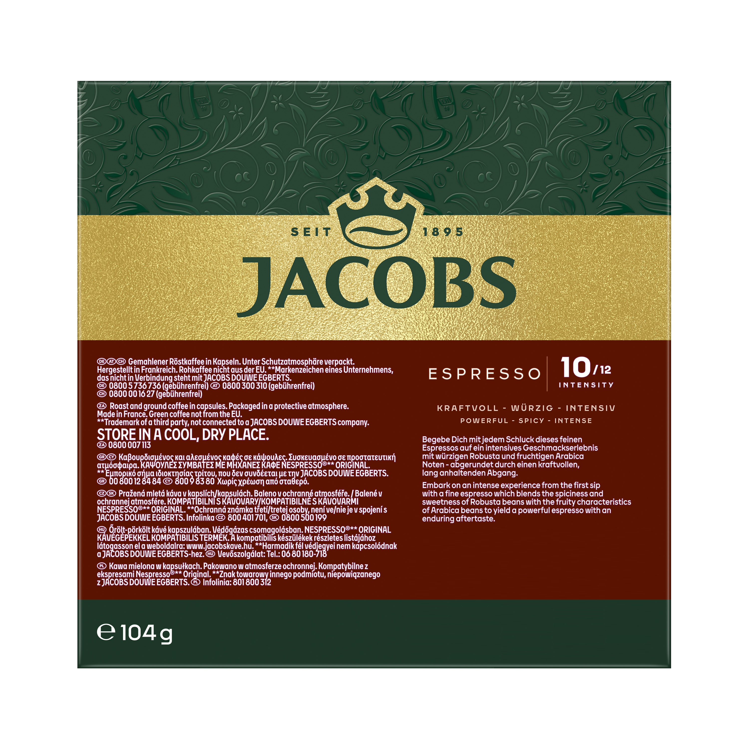 Jacobs Espresso Kaffeekapselverpackung in Grün, Gold und Braun mit Text und Krone.