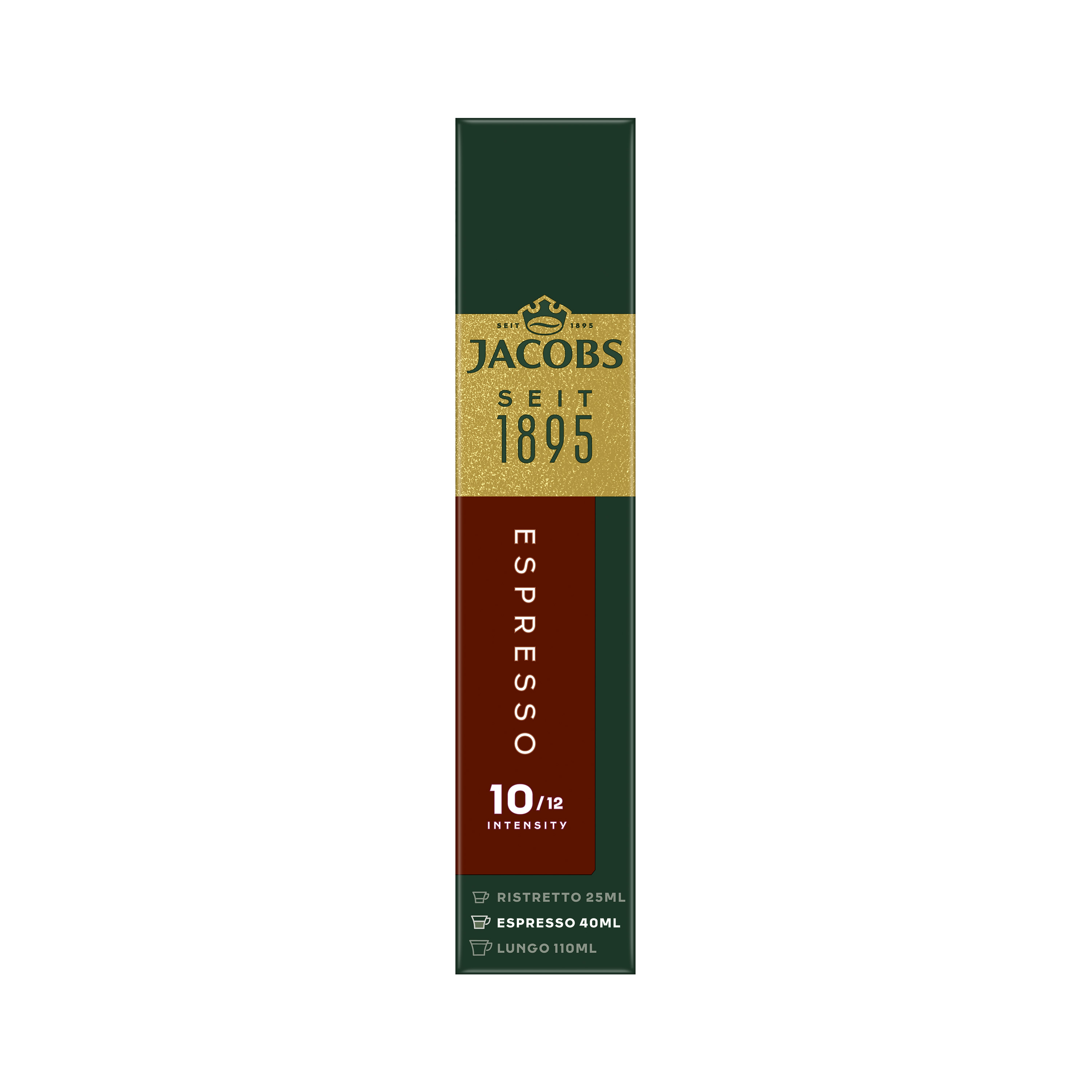 Eine grün-braune Jacobs Espresso 10/12 Kaffeekapselverpackung auf weißem Hintergrund.