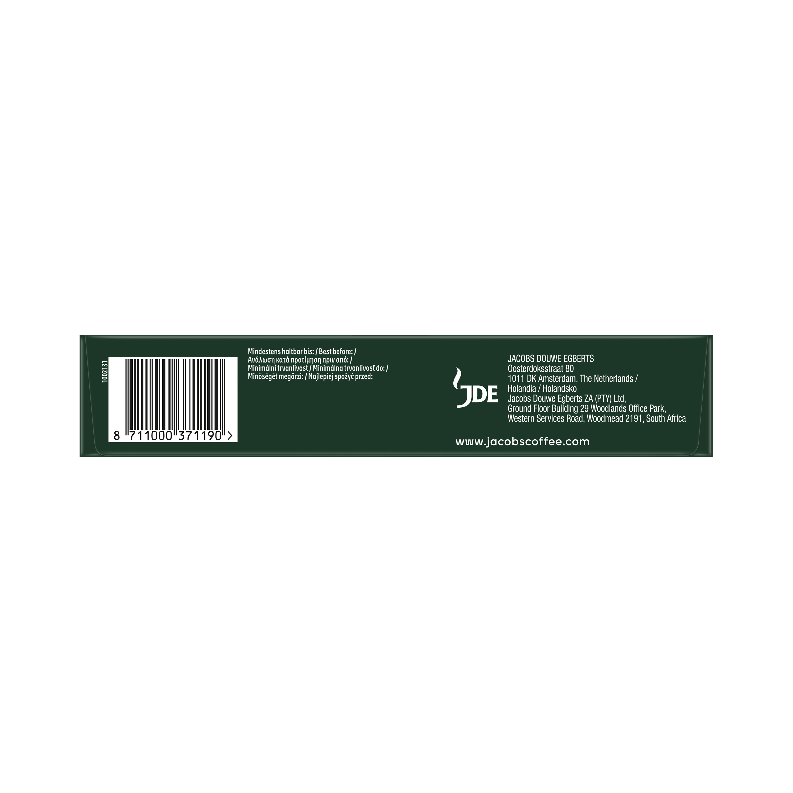 Dunkelgrüne Verpackungsunterseite mit Barcode, JDE-Logo und Firmeninformationen.