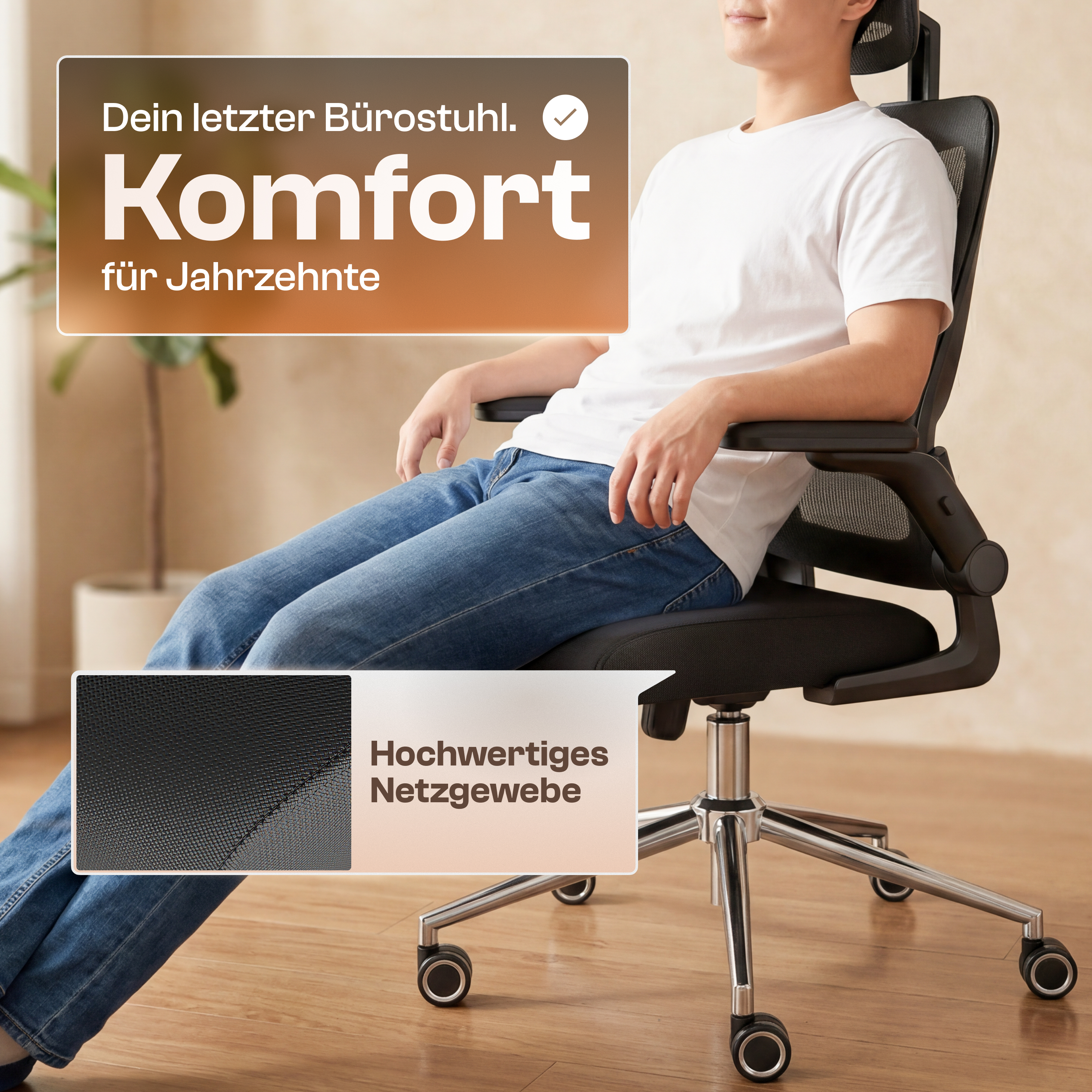 Eine Person sitzt auf einem schwarzen ergonomischen Bürostuhl mit Netzrücken und Chromgestell, mit deutschem Werbetext.