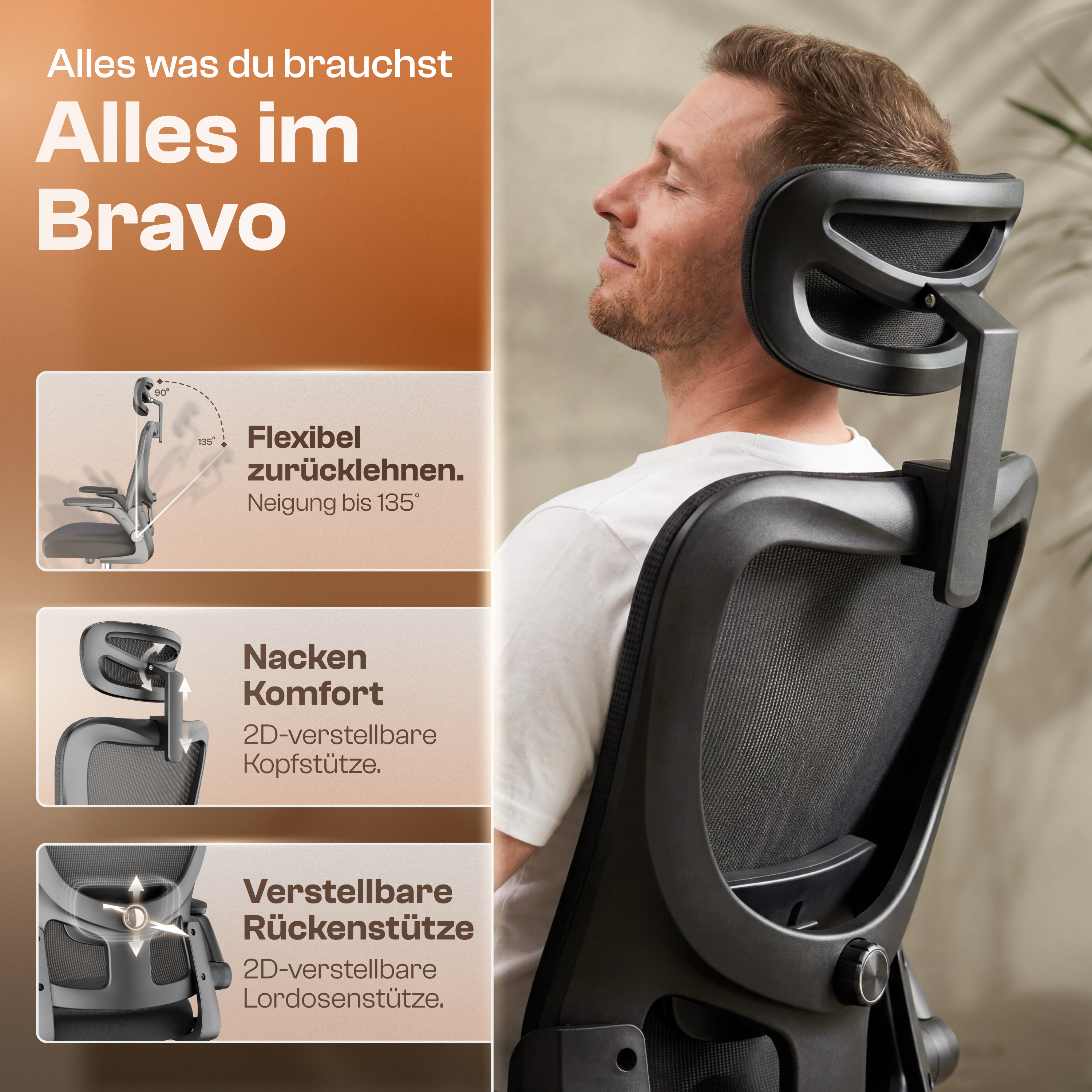 Ein Mann lehnt entspannt in einem schwarzen Buerostuhl. Links zeigen Insets Stuhlfunktionen.
