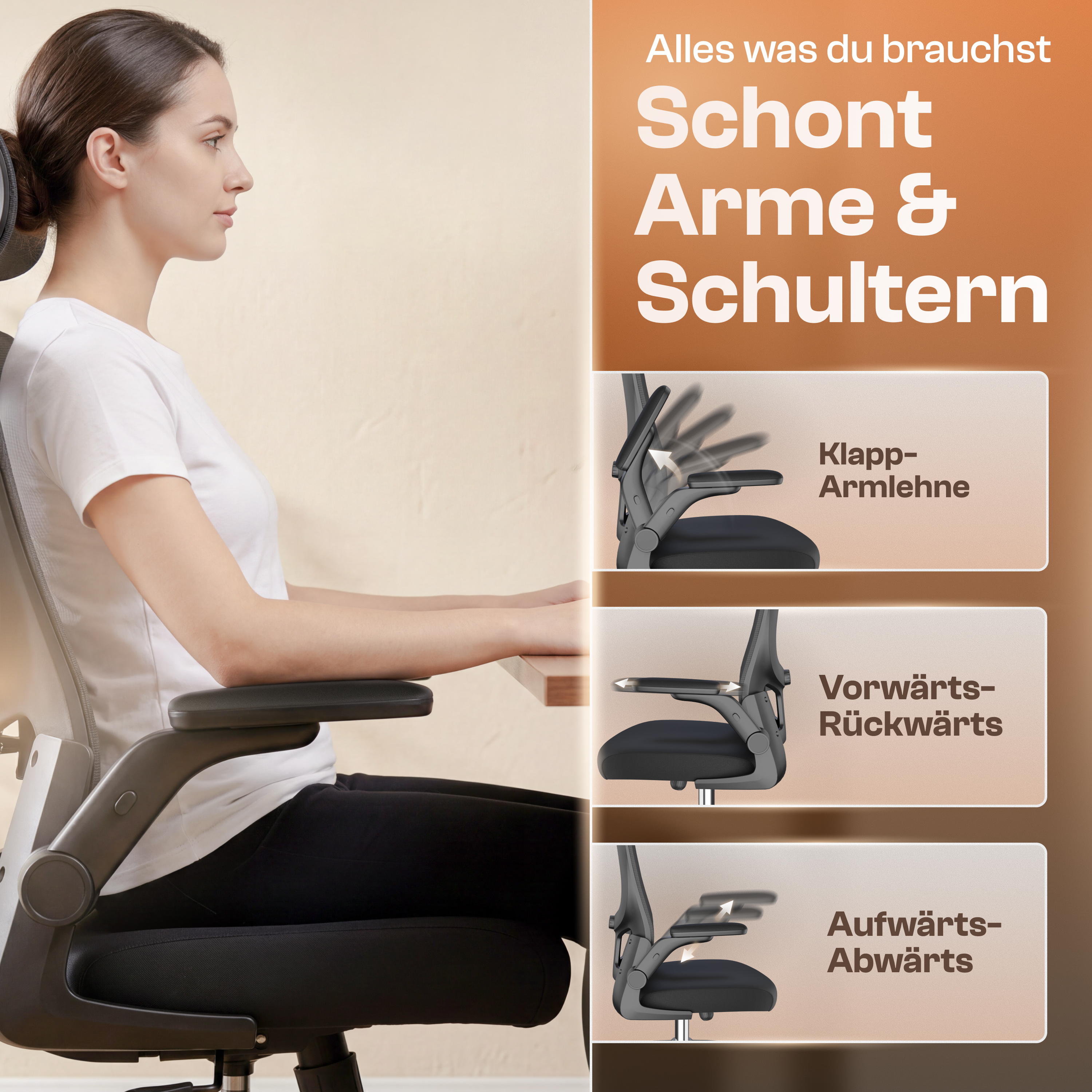 Eine Frau sitzt auf einem schwarzen Ergonomiestuhl mit verstellbaren Armlehnen vor einem hellen Hintergrund.