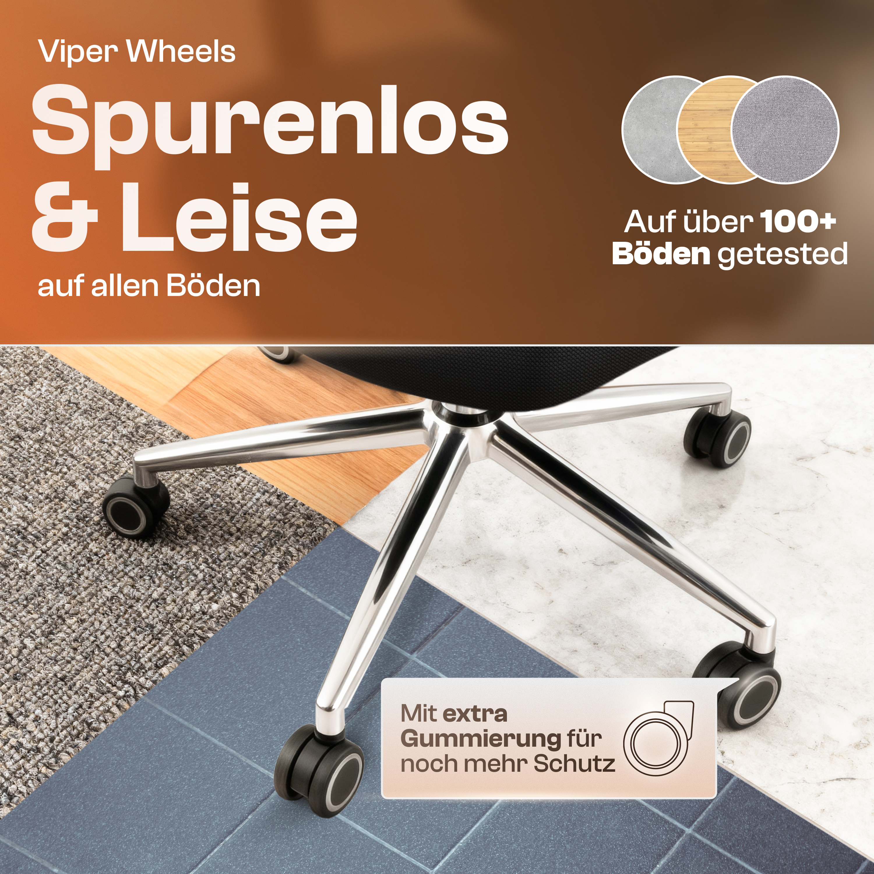 Bürostuhl mit leisen Rollen auf verschiedenen Bodenbelägen wie Teppich, Holz und Fliesen.