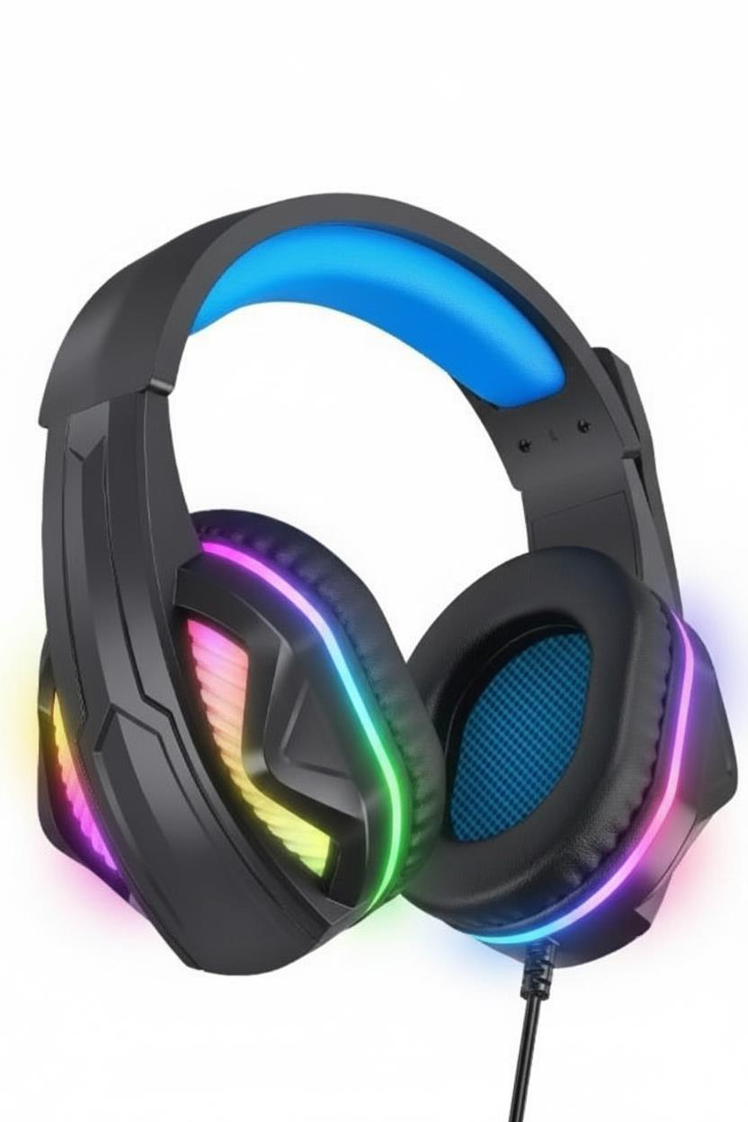 Auriculares de juego negros con iluminación RGB en las orejeras y una diadema azul brillante sobre fondo blanco.