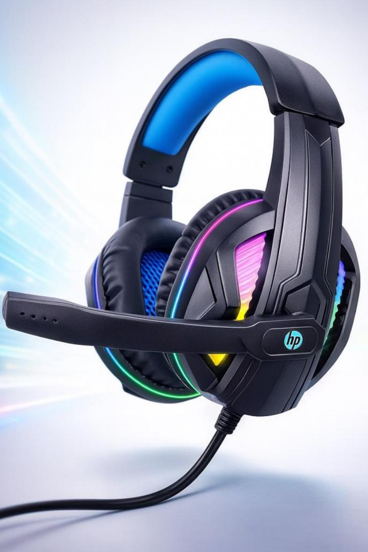 Auriculares negros HP para juegos con diadema azul e iluminación RGB colorida sobre fondo blanco.