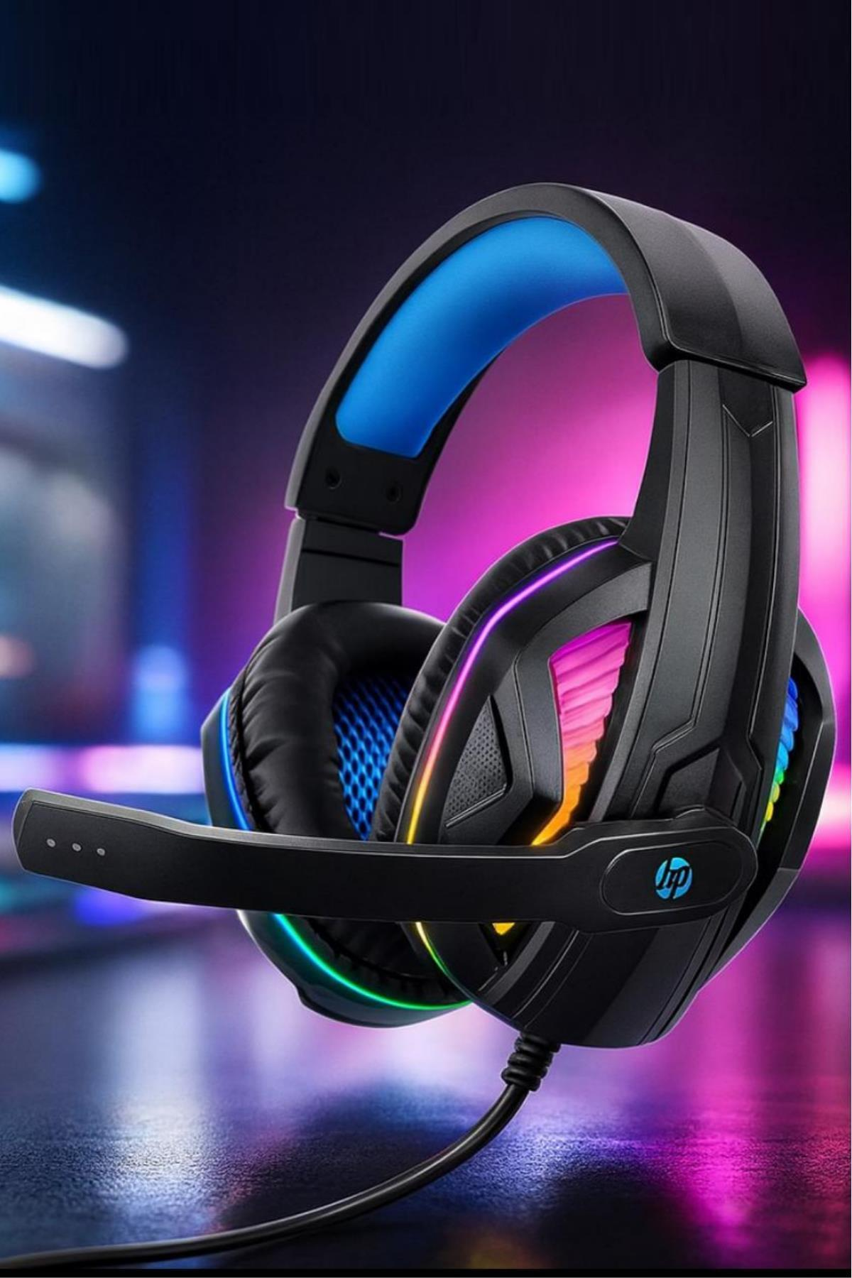 Auriculares para juegos negros con elementos azules e iluminación LED colorida sobre un fondo de colores neón.
