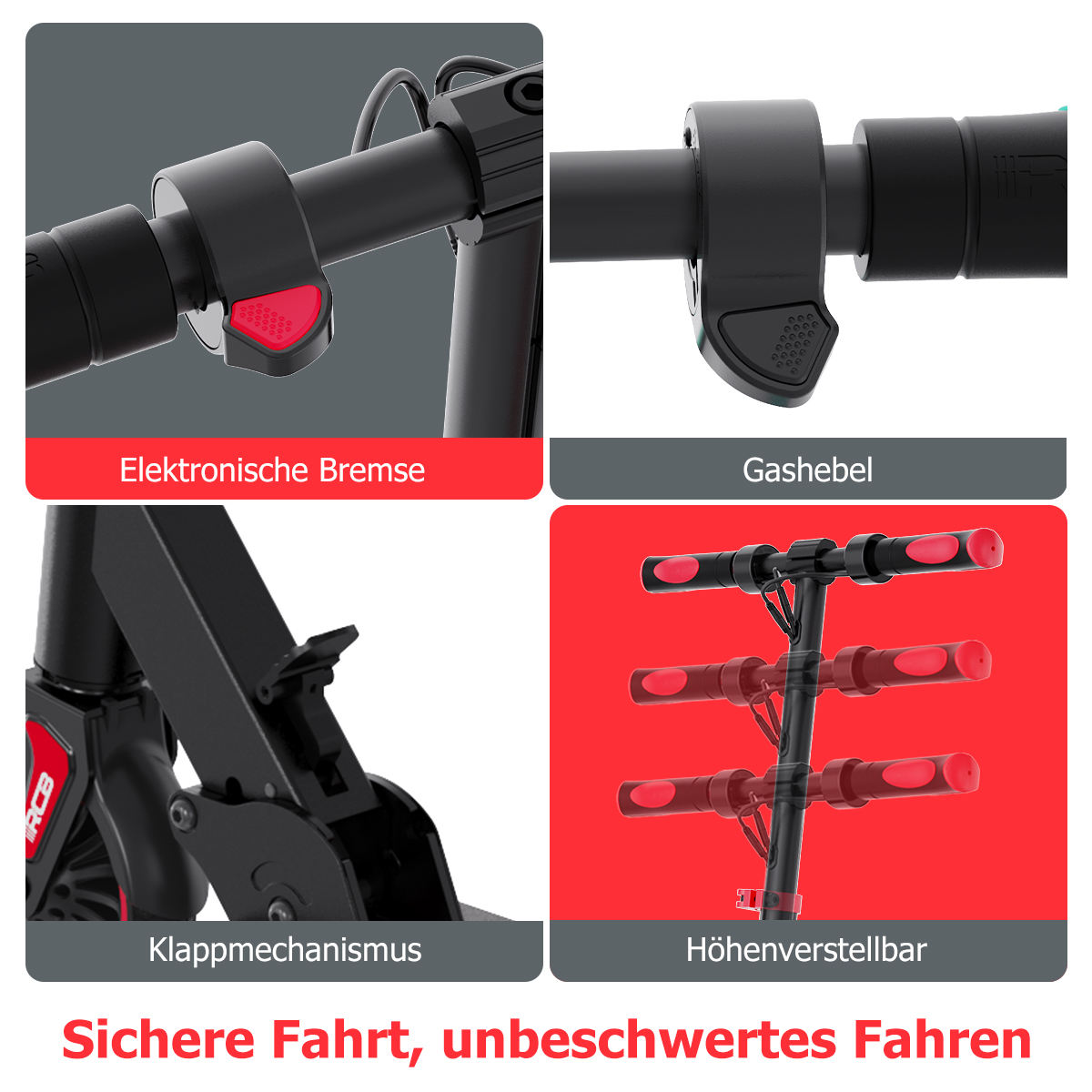 Vier Detailbilder eines Elektrorollers mit Kennzeichnung von Bremse, Gashebel, Klappmechanismus und Höhenverstellung.